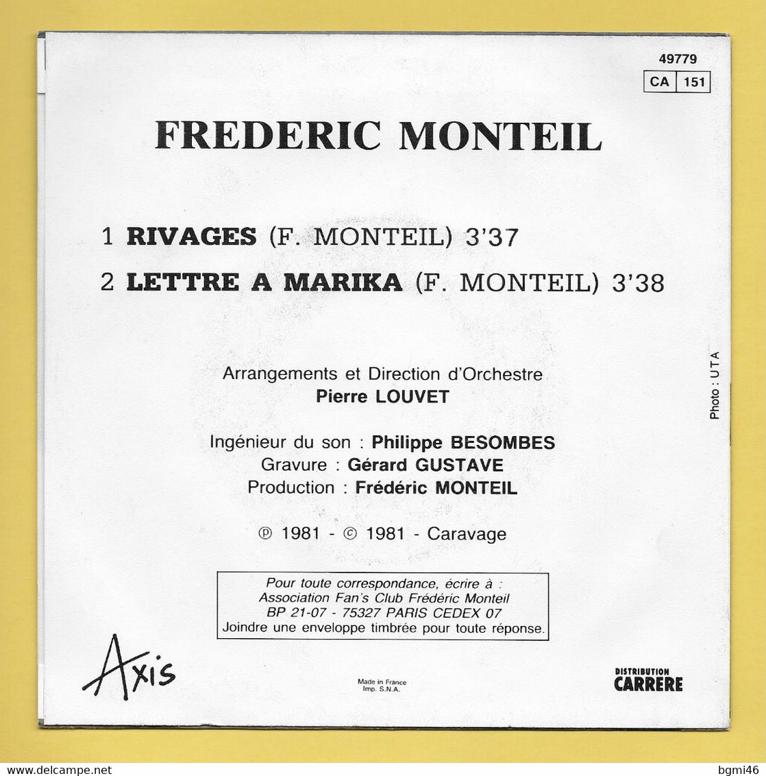 Disque Vinyle 45 Tours : FREDERIC MONTEIL :  RIVAGES..Scan F : Voir 2 Scans - Instrumentaal