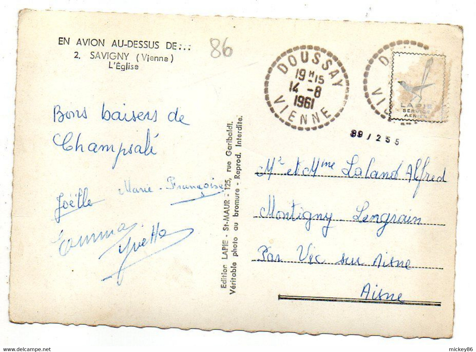 SAVIGNY -1961--Vue Aérienne --L'église ..........éd LAPIE..........beau Cachet  DOUSSAY- 86.....................à Saisir - Scorbe Clairvaux