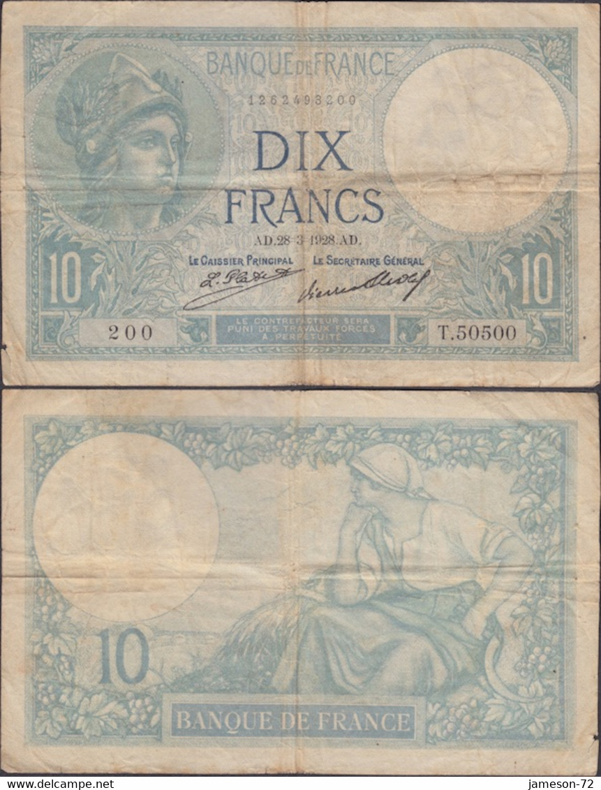 FRANCE - 10 Francs 1928 P# 73d Europe Banknote - Edelweiss Coins - 10 F 1916-1942 ''Minerve''