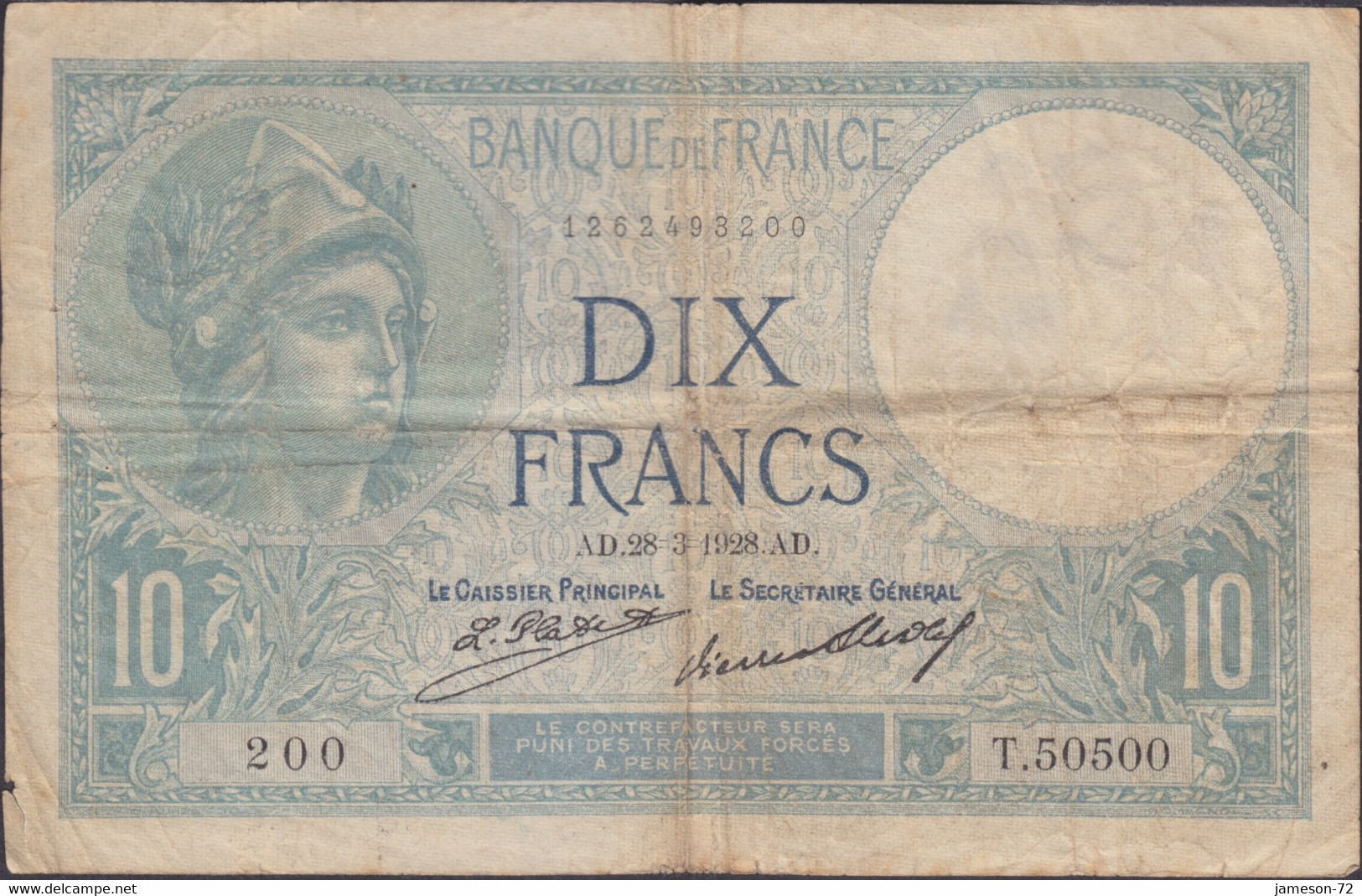 FRANCE - 10 Francs 1928 P# 73d Europe Banknote - Edelweiss Coins - 10 F 1916-1942 ''Minerve''