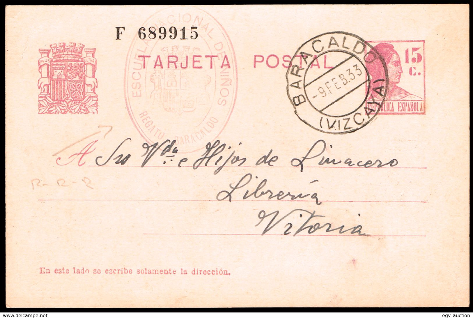 Vizcaya - Edi O EP 69 - Entero Postal Mat "Baracaldo 9/2/33" + Marca "Escuela Nacional De Niños - Regato Baracaldo" - 1931-....