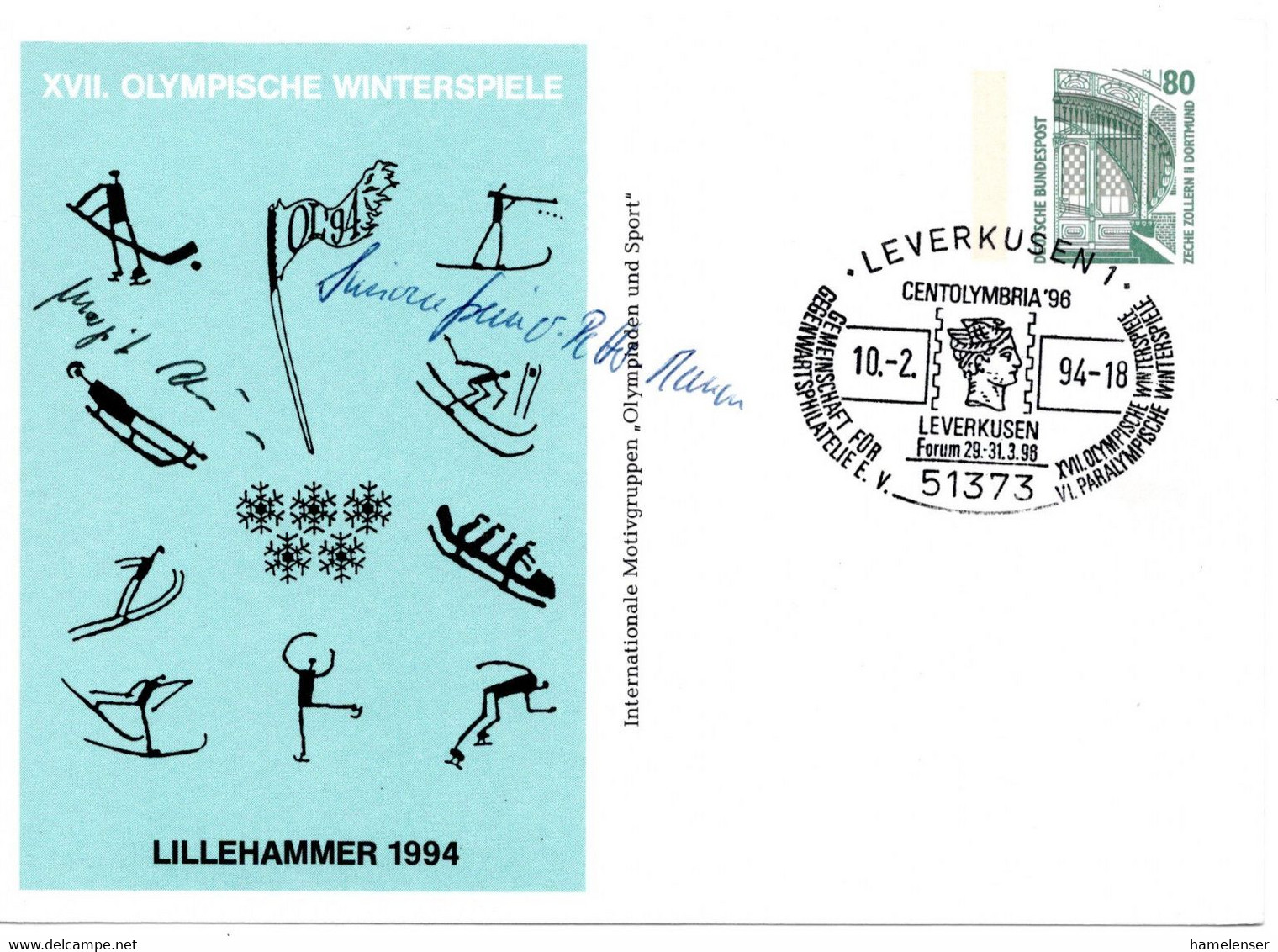 55063 - Bund - 1994 - 80Pfg B&S PGAUmschlag "Winterolympiade 1994" M SoStpl LEVERKUSEN - CENTOLYMPIA ... - Inverno1994: Lillehammer