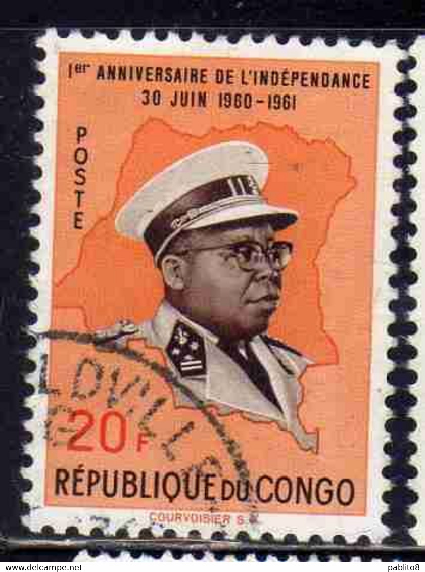 REPUBLIQUE DU CONGO REPUBLIC 1960 1961 INDEPENDENCE PRESIDENT KASAVUBU IN UNIFORM AND MAP 20fr OBLITERE' USED  USATO - Used Stamps