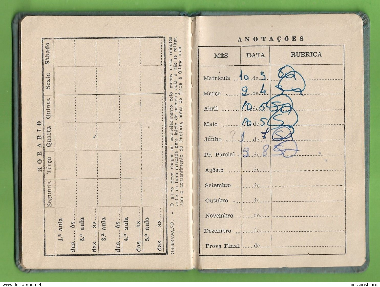 São Paulo - Caderneta Escolar do Colégio Silveira Leite - Escola - Aluno - Portugal - Brasil