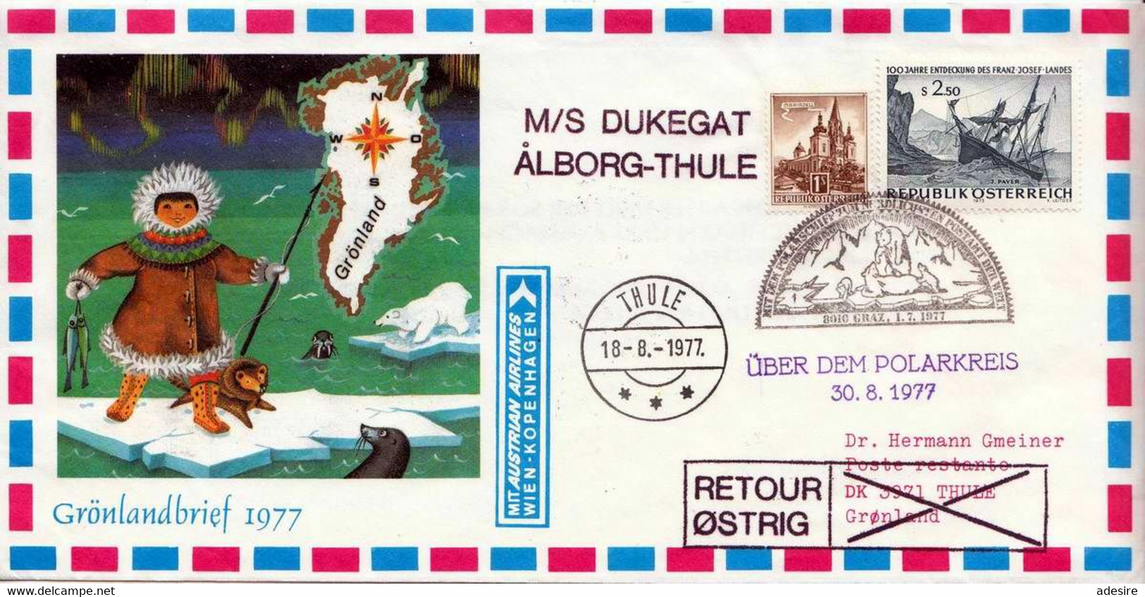 Österreich Grönlandbrief 1977 - 2 Fach Frankiert, Sonderstempel, Gel. V.DK Thule Mit D.Polarschiff Z.nördl.Postamt ... - Variétés & Curiosités