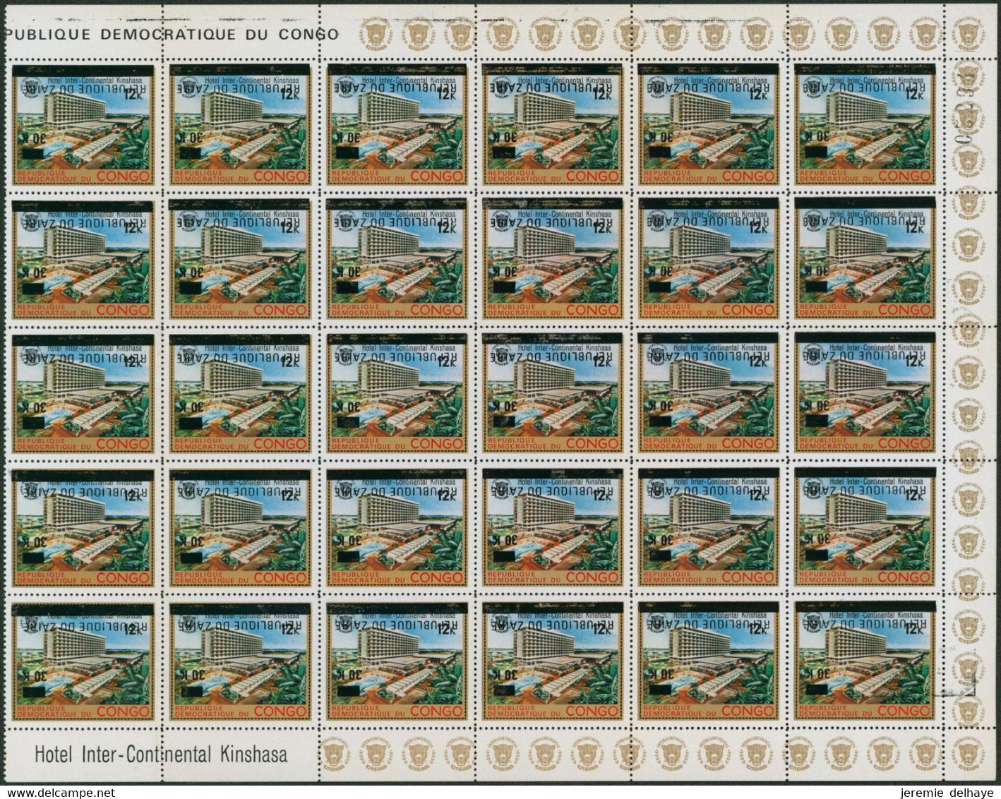 République Du Zaïre (1977) - N°915** Morceau De Feuille + Inscriptions Soit 30 Timbres + Surcharge Renversée ! - Neufs
