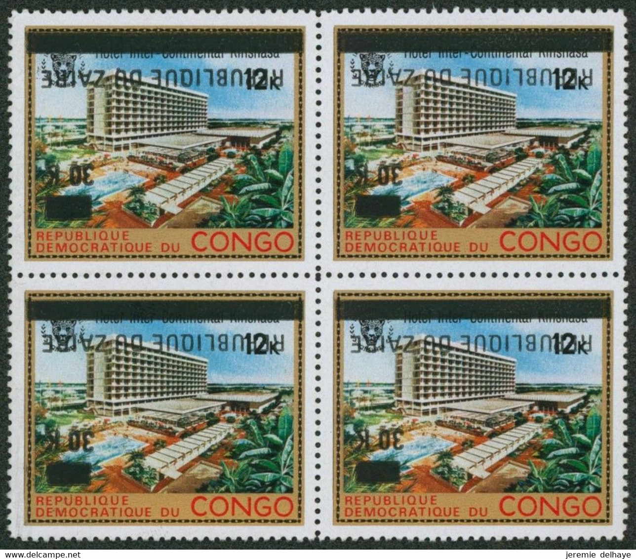 République Du Zaïre (1977) - N°915a** En Bloc De 4 + Surcharge Renversée ! - Unused Stamps