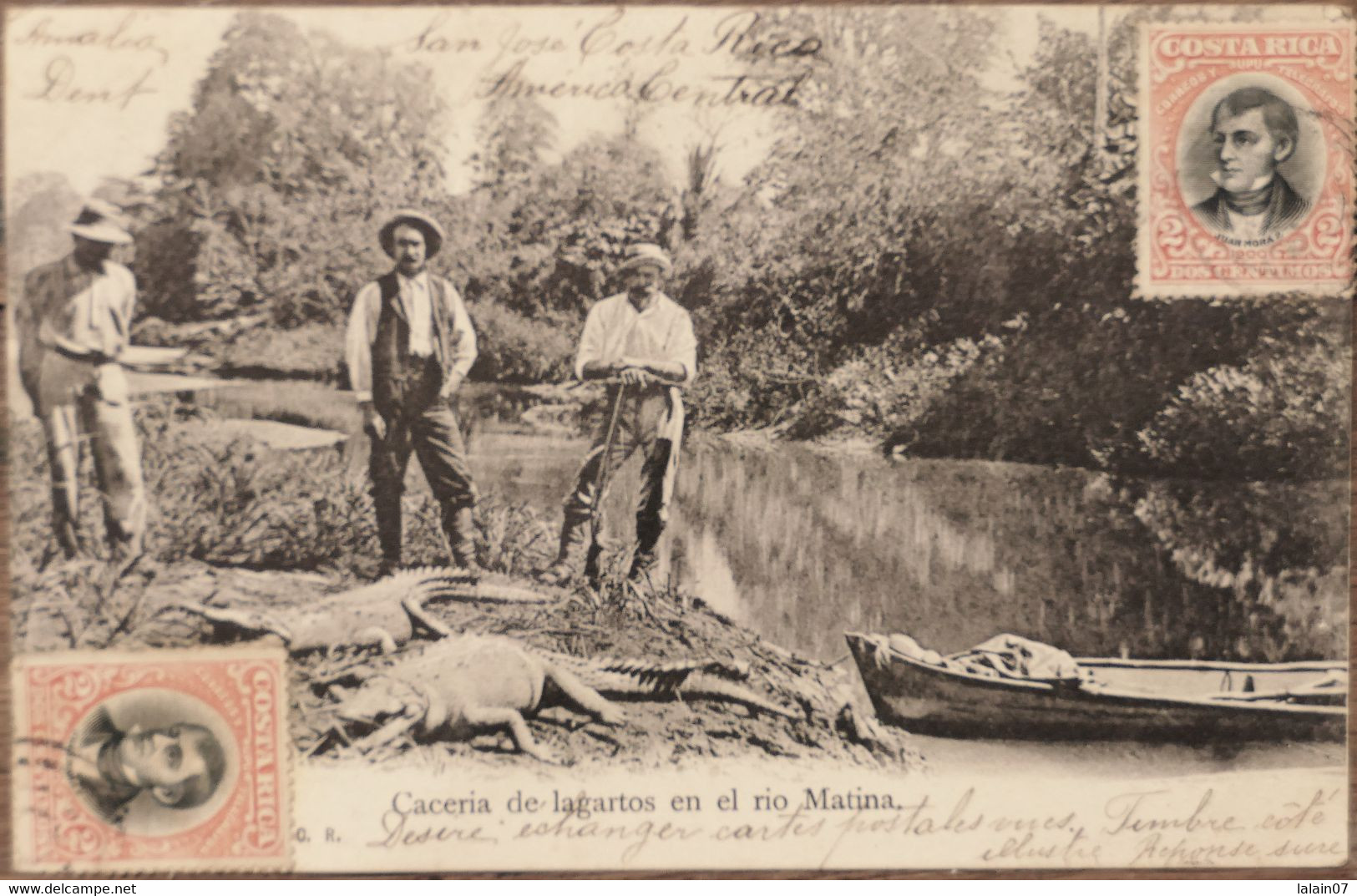 C. P. A. : COSTA RICA : Caceria De Lagartos (crocodiles) En El Rio Matina, 2 Sellos En 1906 - Costa Rica