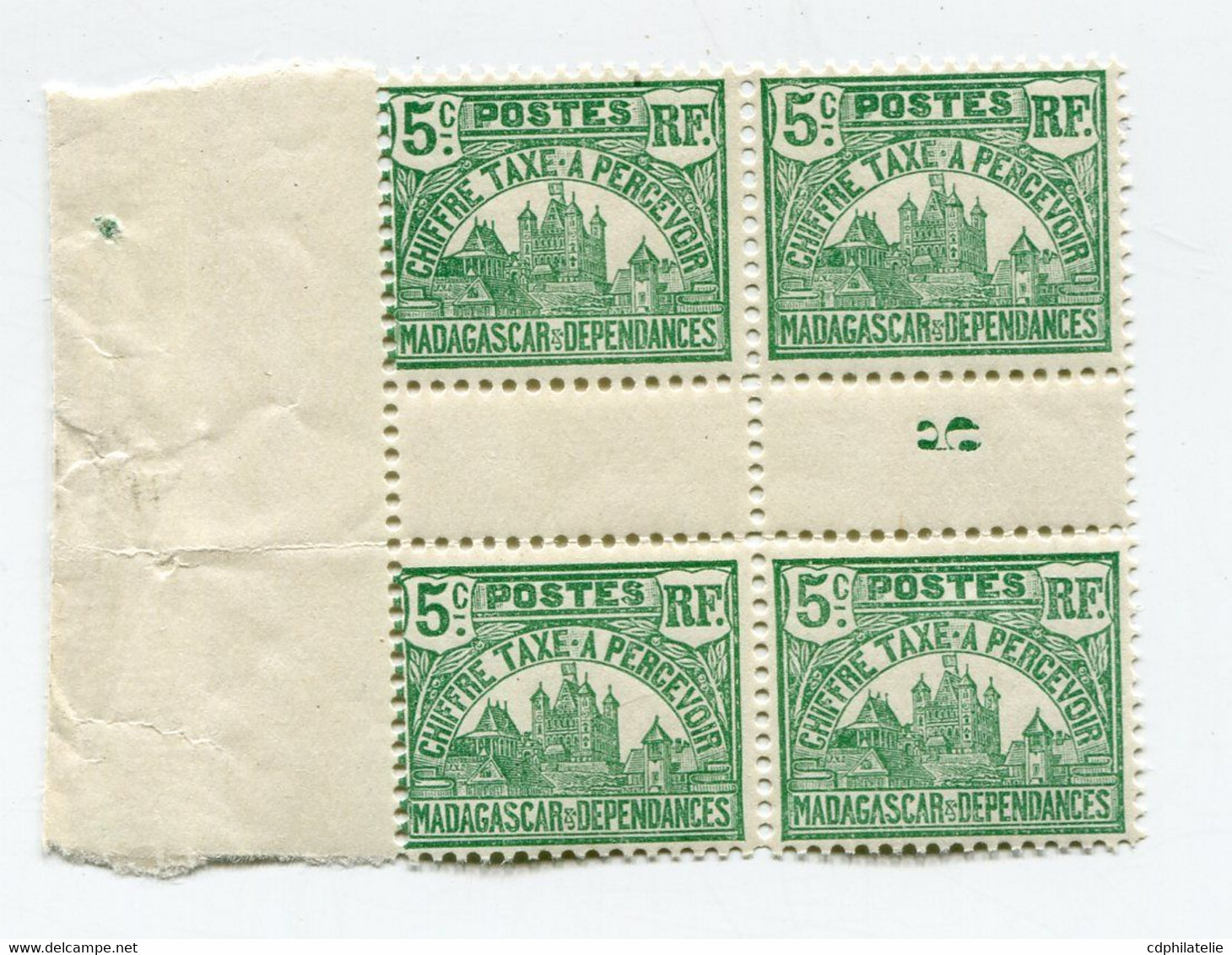 MADAGASCAR TAXE N°10 ** EN BLOC DE 4 AVEC MILLESIME 5 ( 1925 ) - Strafport