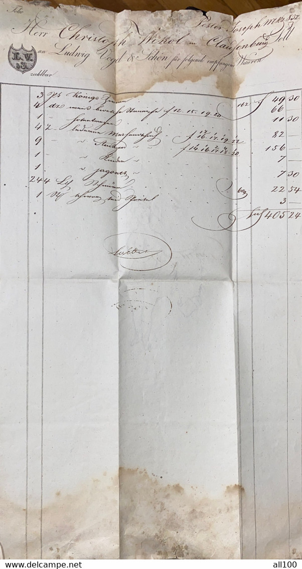 A19425 - HERR CHRISTOPH WIKOL IN KLAUSENBURG SOLL AN LUDWIG VOGEL UND SCHON INVOICE FROM AUSTRIAN EMPIRE 1832 L V & S - Österreich