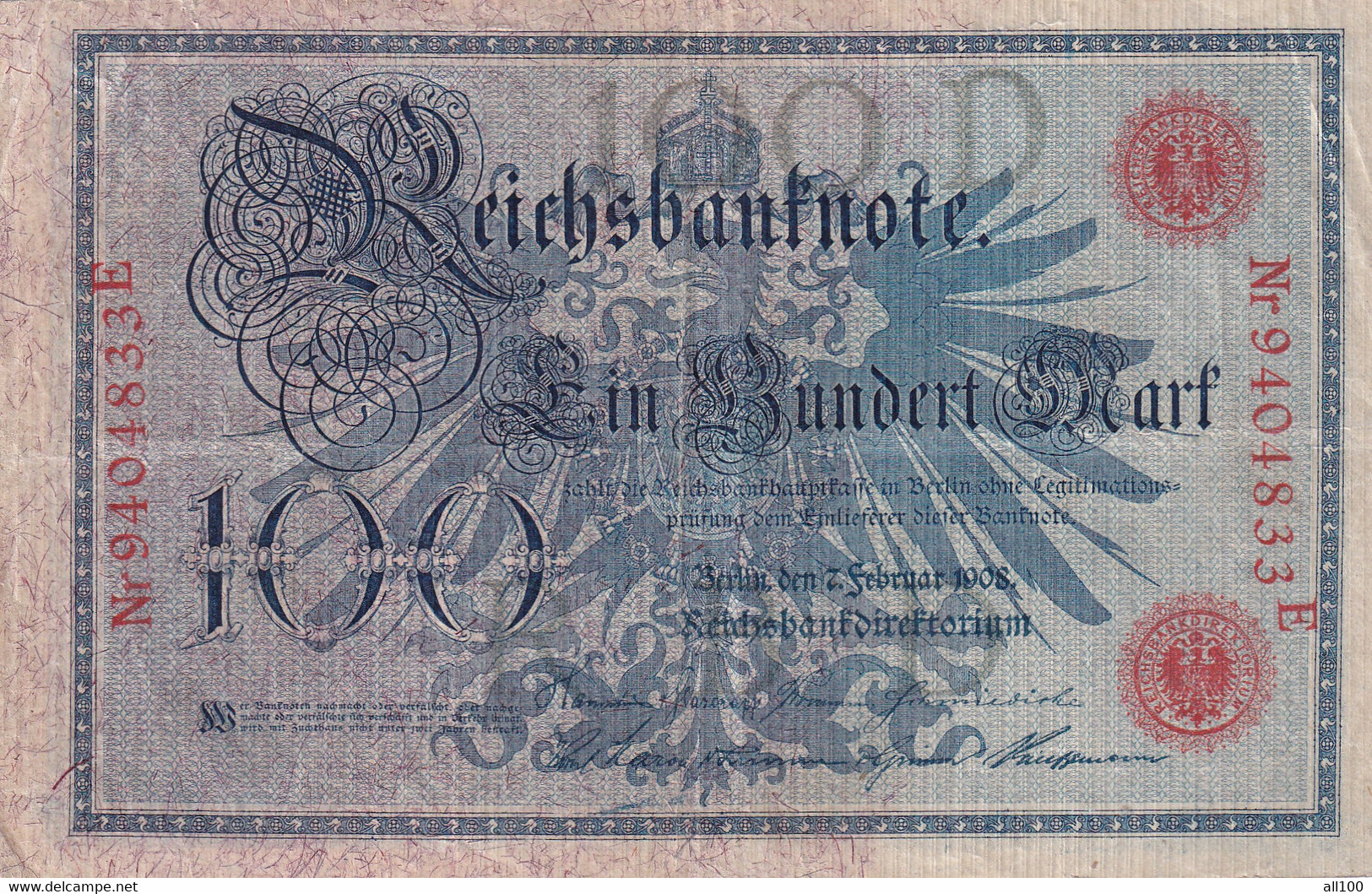 100 MARK EIN HUNDERT MARK REICHSBANKNOTE GERMANY 1908 NR 9404833E - 100 Mark