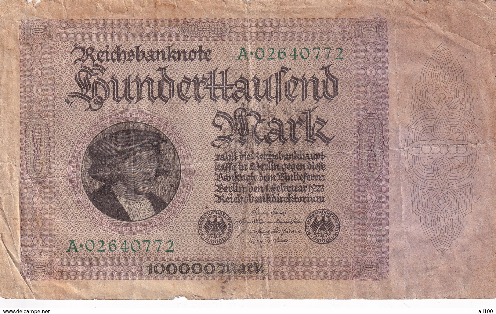 100000 MARK HUNDERTTAUSEND MARK REICHSBANKNOTE GERMANY 1923 A02640772 - 100.000 Mark