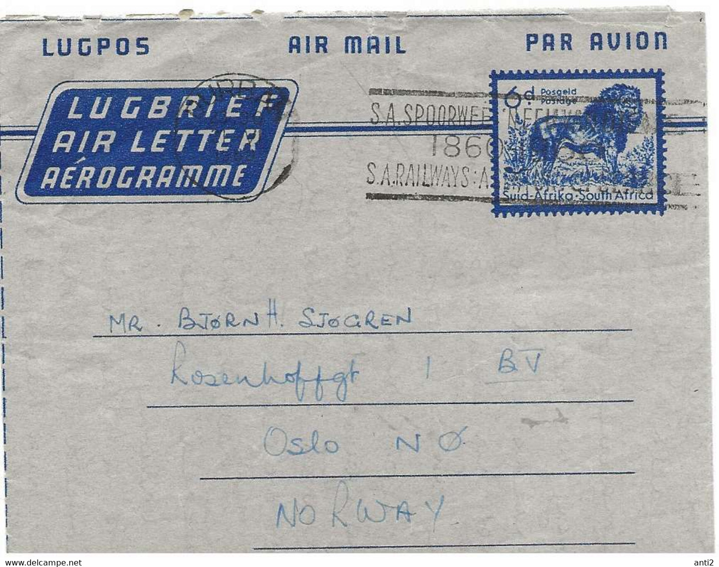 South Africa     Air Letter   With Imprinted Stamp Lion  6d - Poste Aérienne