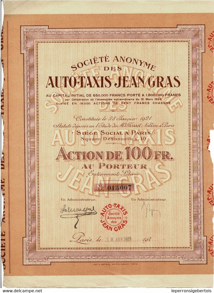 - Titre De 1925 - Société Anonyme Des Auto-Taxis Jean Gras - - Automobile