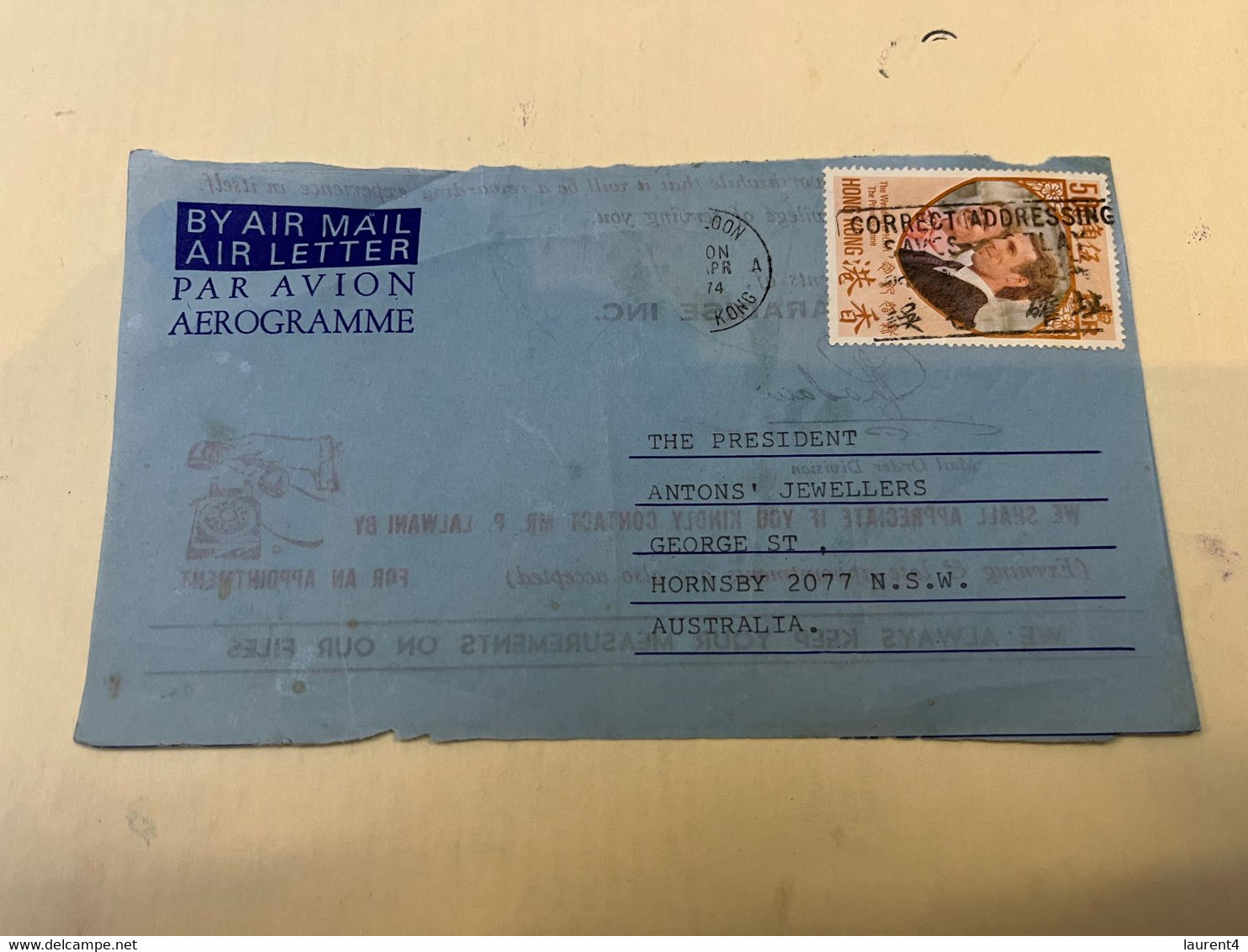 (2 L 16) Hong Kong (front Of Aerogramme) Posted To Australia (1974) - Cartas & Documentos