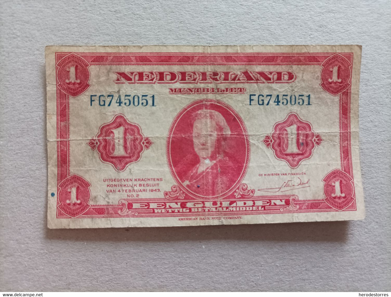 Billete De Holanda De 1 Gulden, Año 1943 - [3] Emisiones ''''Ministerie Van Oorlog''''''