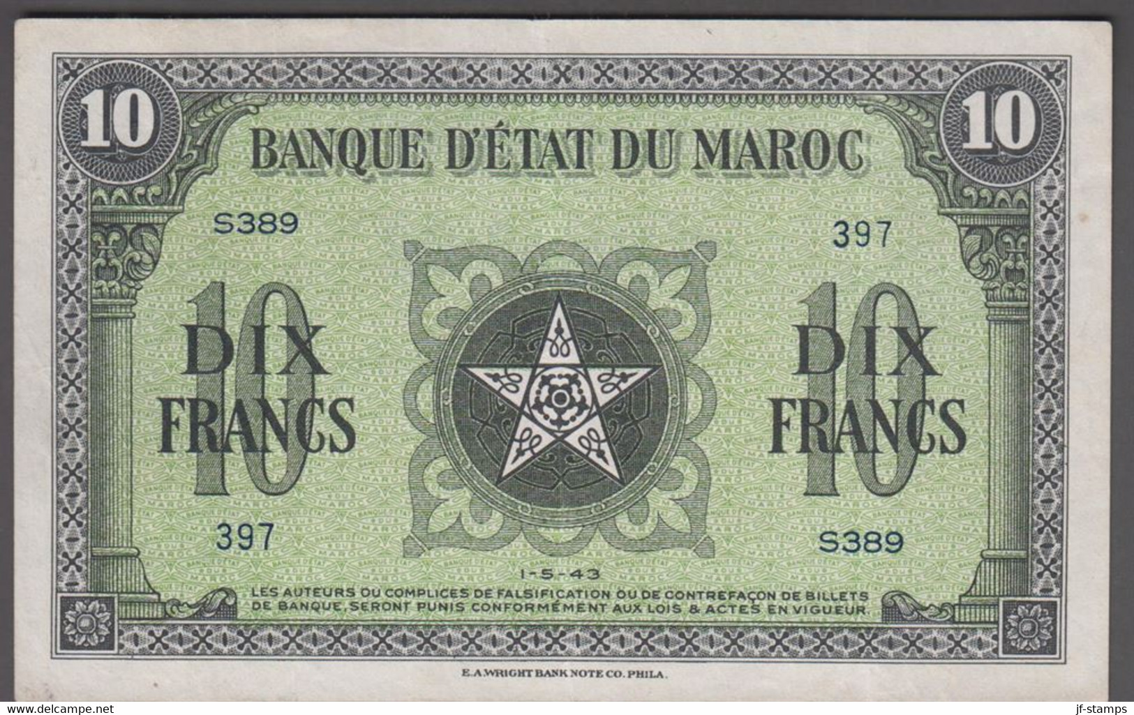 1943. MAROC. BANQUE D'ETAT DU MAROC. 10 FRANCS. 1-5-43. Fold. - JF524677 - Marocco