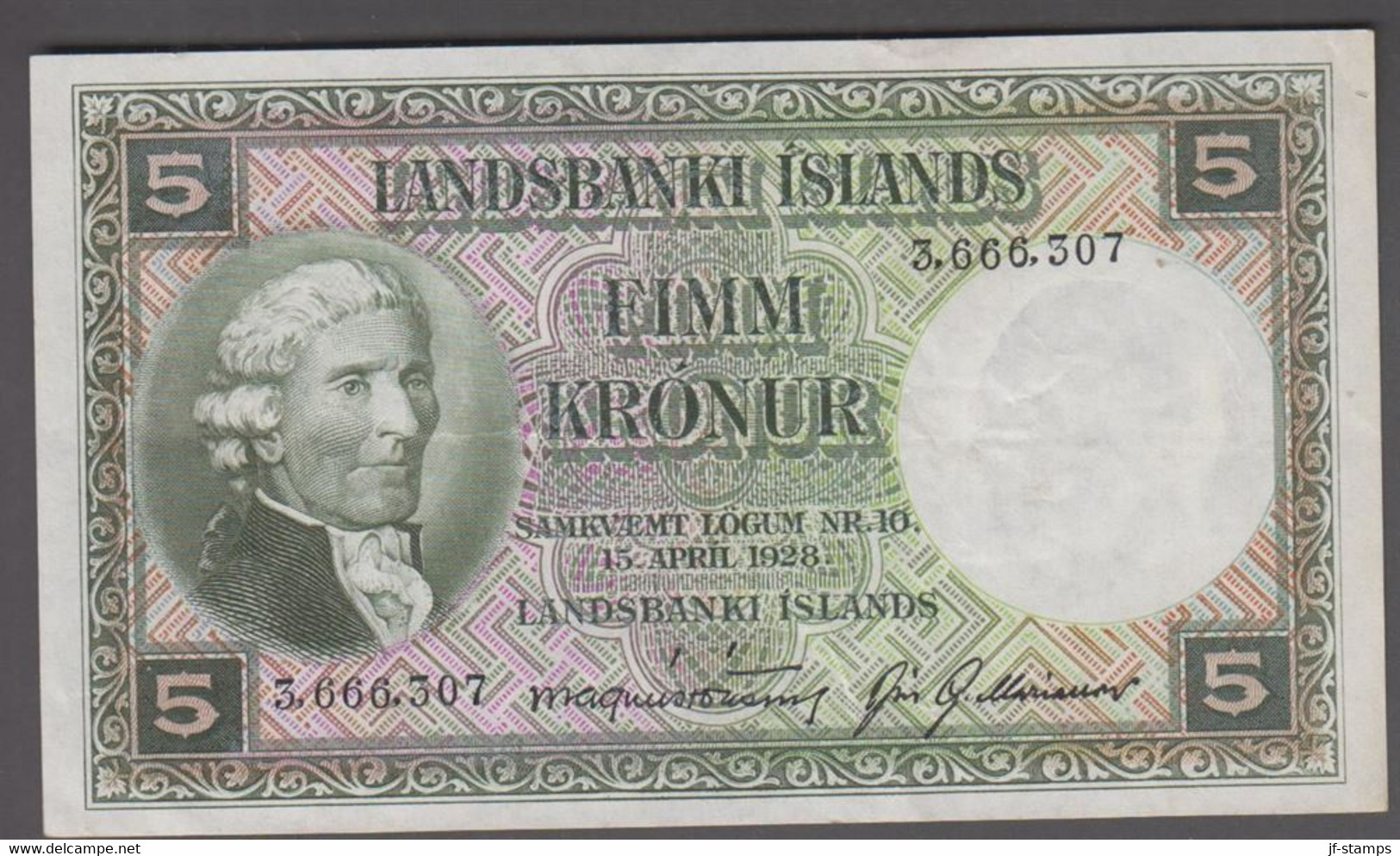 1928. ISLAND. LANDSBANKI ISLANDS. 5 FIMM KRONUR. Nice Banknote With Beautiful Engraving.  - JF524679 - Islande