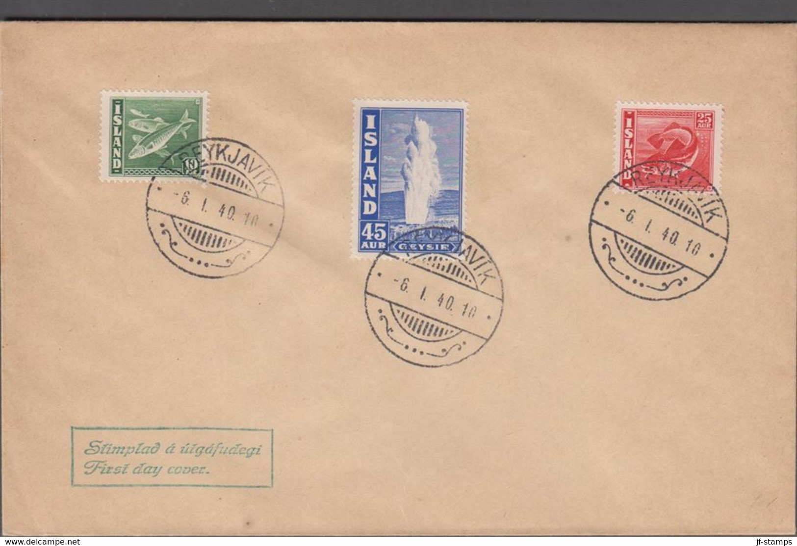 1940. ISLAND. 10 + 25 Aur Fish + 46 AUR GEYSIR On Rare FDC Cancelled First Day Of Issue REYKJAVIK -6. 1. 4... - JF524810 - Lettres & Documents