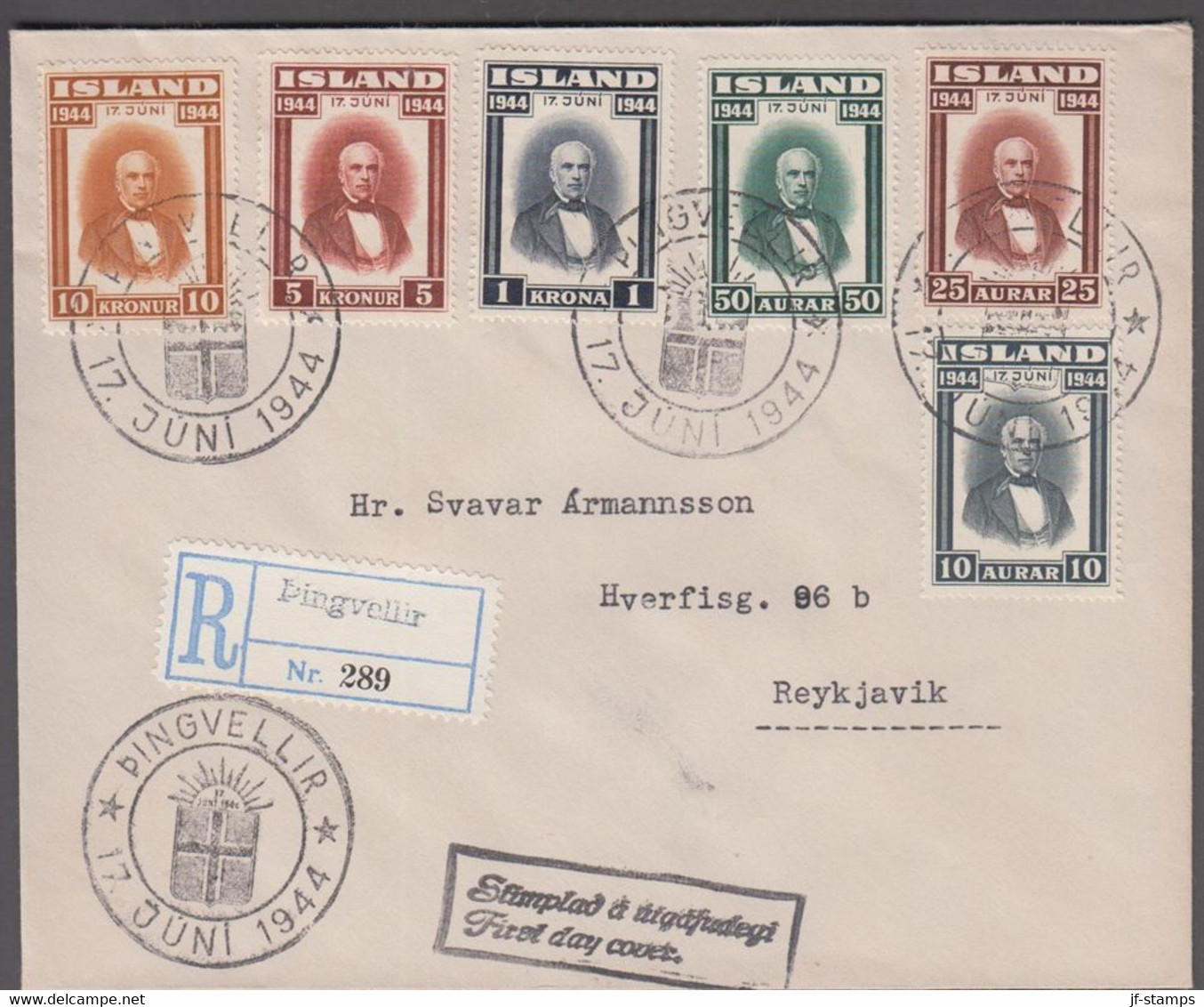 1944. SIGURDSON. Complete Set Of 6 Values. FDC TINGVELLIR 17. JUNI 1944. (Michel 231-236) - JF524812 - Briefe U. Dokumente