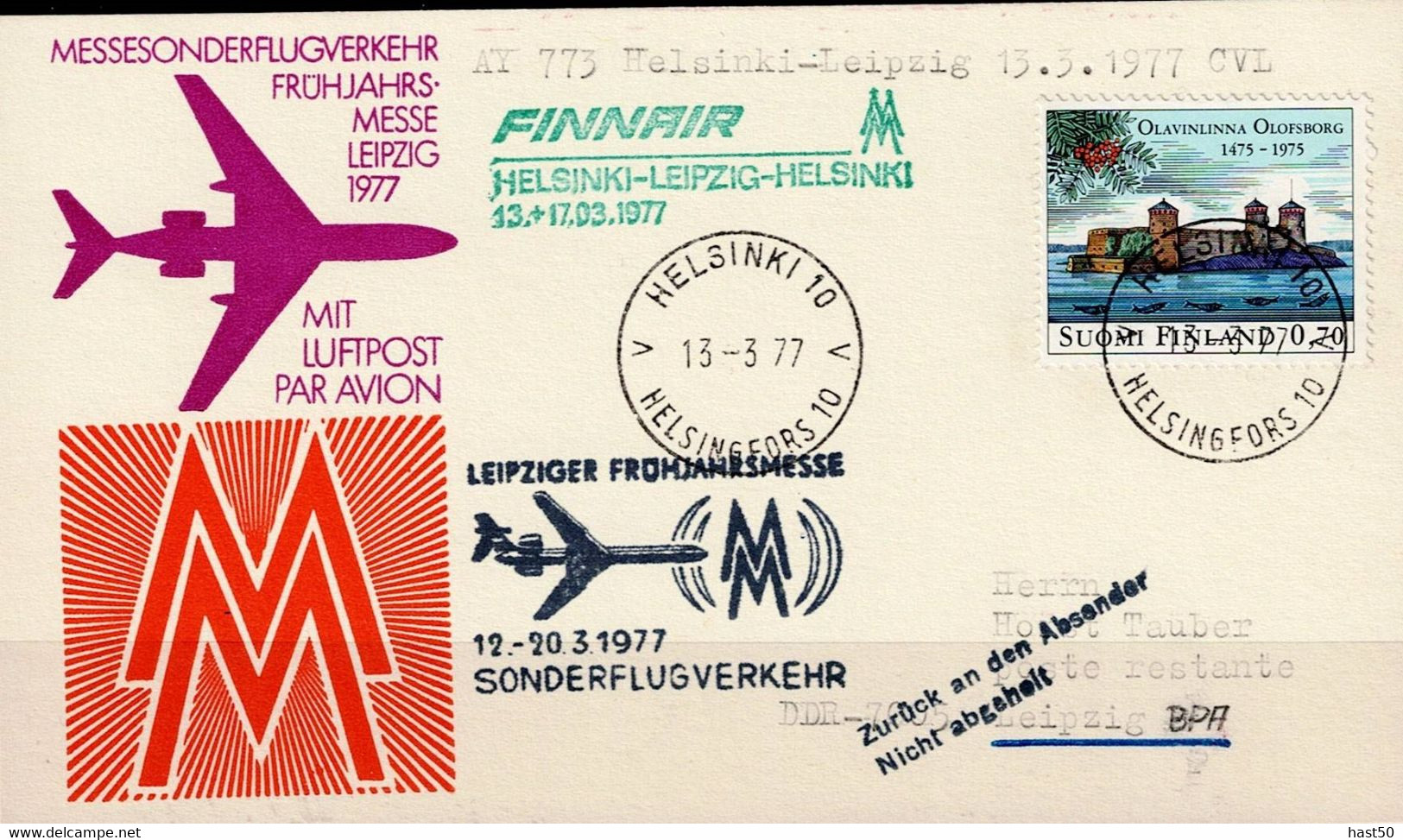 Finnland Finland Finlande - Messe -Sonderflugverkehr Helsinki - Leipzig FINNAIR  (MiNr: 769) 1977- Siehe Scan - Briefe U. Dokumente