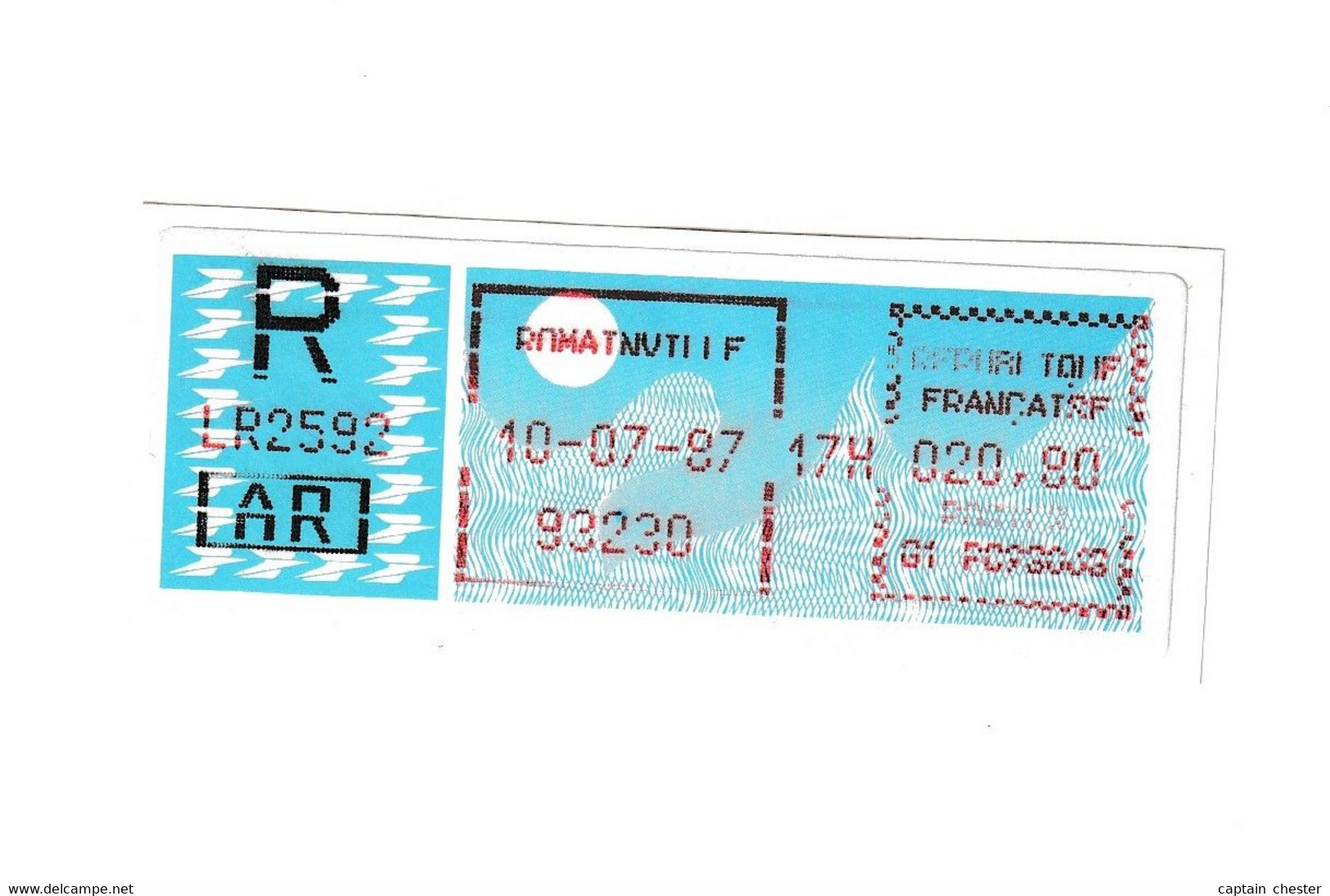 Vignette D'affranchissement TYPE CARRIER " LR AR 20,80 FR ROMAINVILLE 1987 " - 1985 « Carrier » Paper