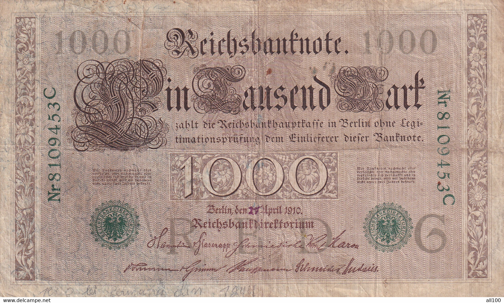 1000 MARK EIN TAUSEND MARK GERMANY 1910 REICHSBANKNOTE 8109453C - 1.000 Mark