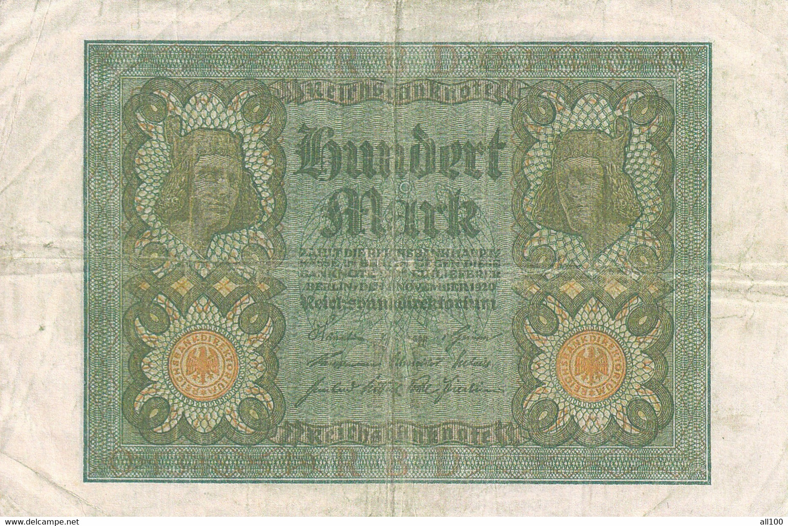 100 MARK HUNDERT MARK GERMANY 1920 REICHSBANKNOTE RBD - 100 Mark