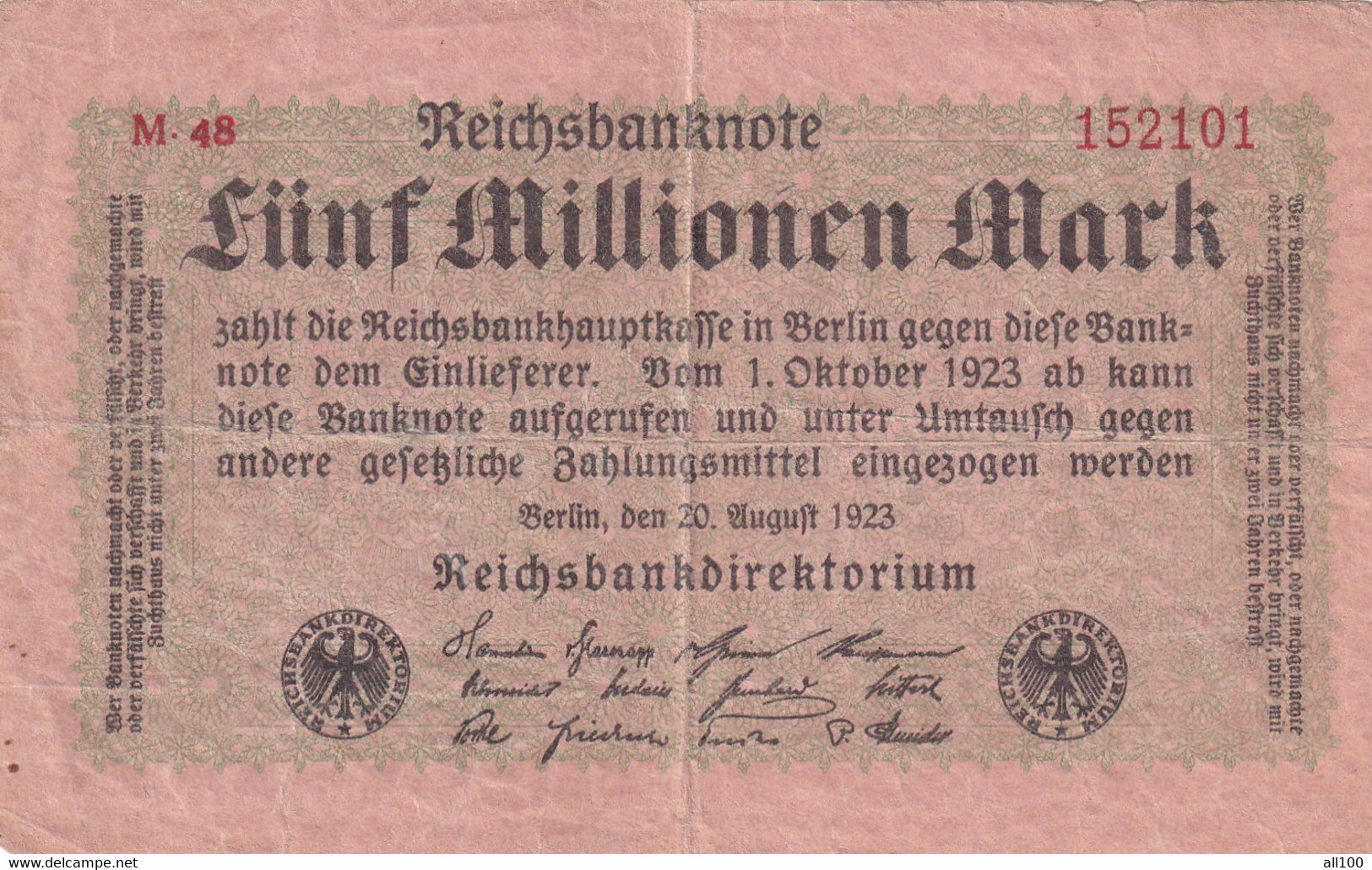 5 MILLIONEN MARK FUNF MILLIONEN MARK GERMANY 1923 REICHSBANKNOTE M48152101 REICHSBANKDIREKTORIUM - 5 Mio. Mark