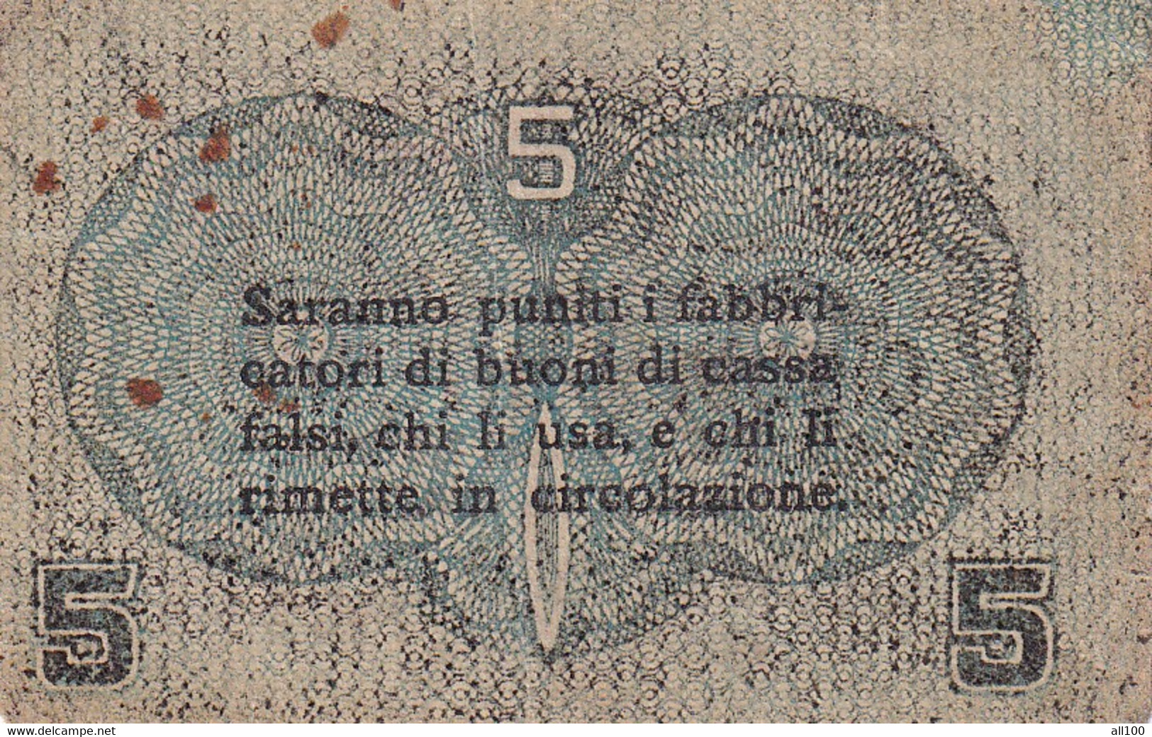 5 CENTESIMI BUONO DI CASSA A CORSO LEGALE DA CINQUE CENTESIMI CASSA VENETA DEI PRESTITI 2 GENNAIO 1918 Q0057 - [ 4] Vorläufige Ausgaben