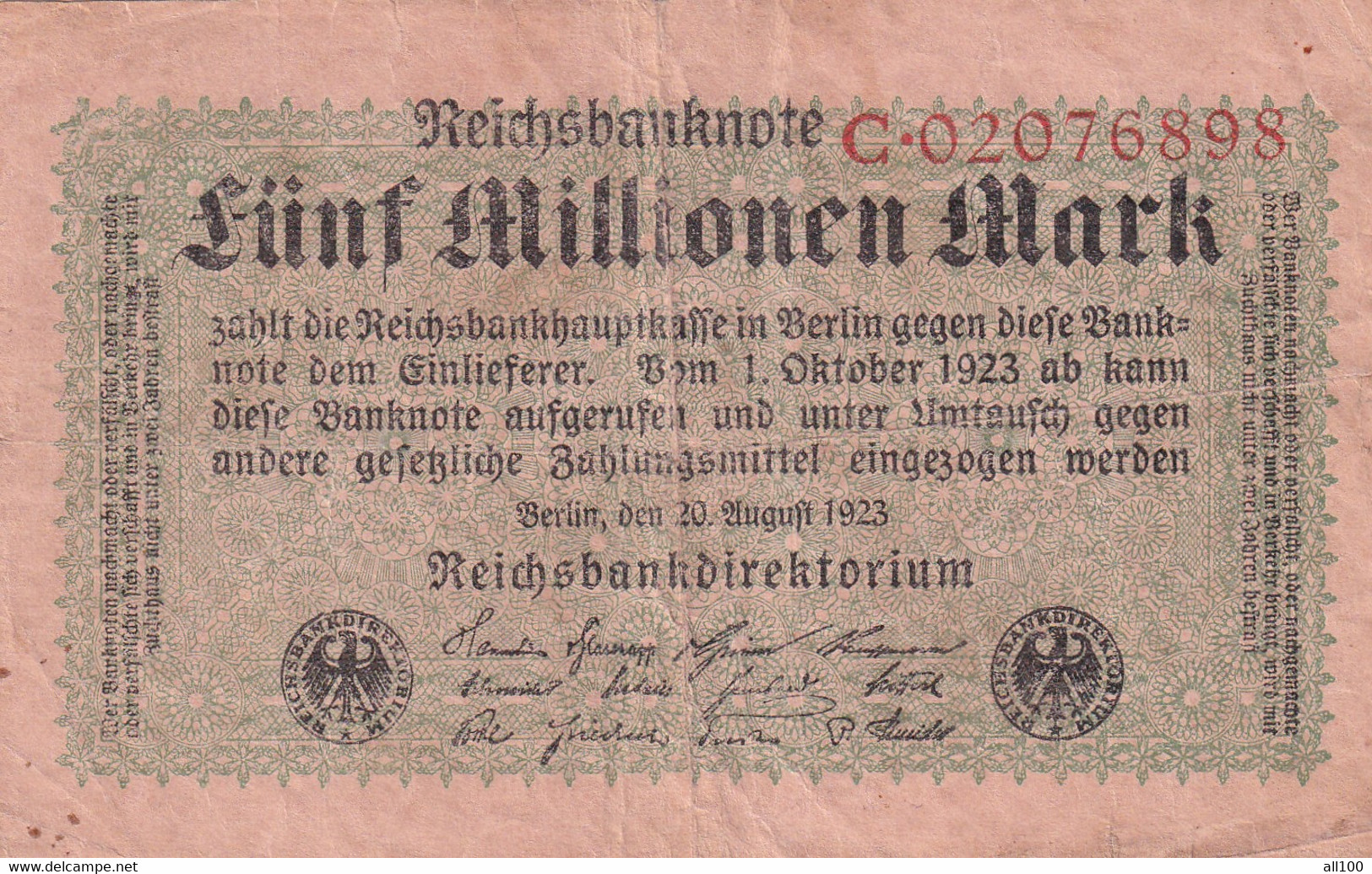 5 MILLIONEN MARK FUNF MILLIONEN MARK GERMANY 1923 REICHSBANKNOTE REICHSBANKDIREKTORIUM C02076898 - 5 Mio. Mark