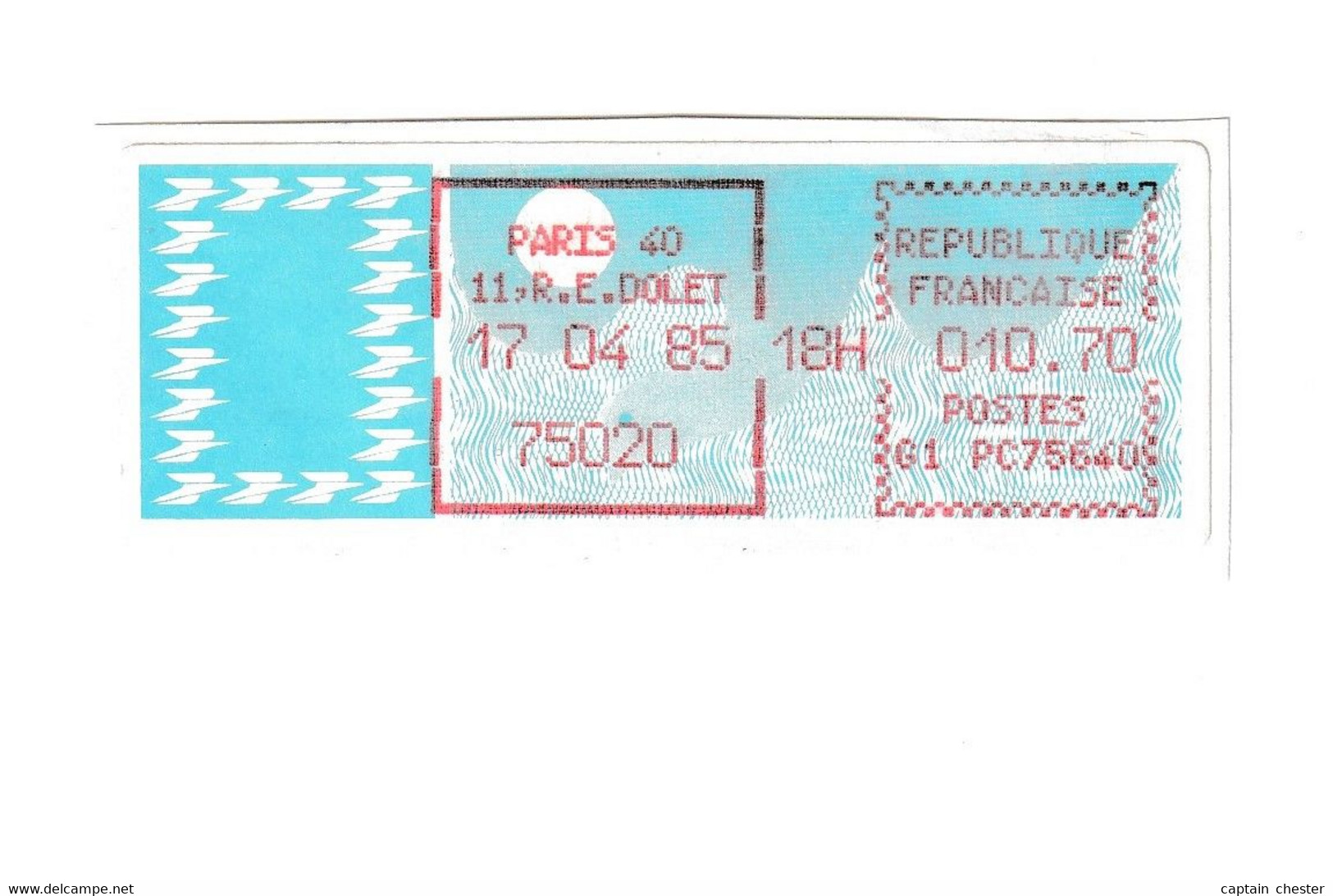 Vignette D'affranchissement TYPE CARRIER " 10,70 FR PARIS 40 - 1985 " - 1985 Papier « Carrier »