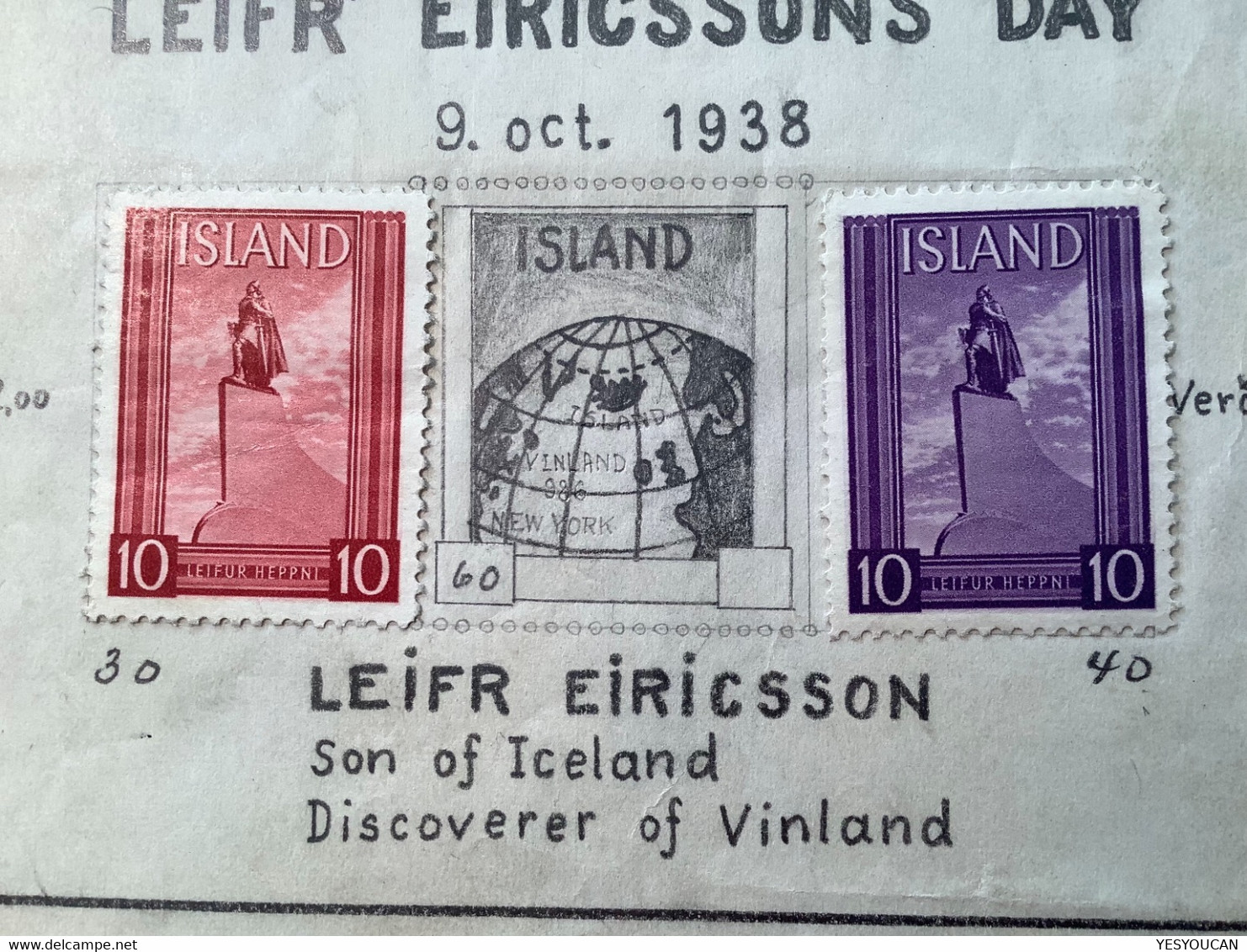 Iceland 1938 UNIQUE ESSAY LEIFR EIRICSSON VINLAND DISCOVERER Souvenir Sheet Block2 Cert Møller(Leif Erikson Statue Map - Blokken & Velletjes