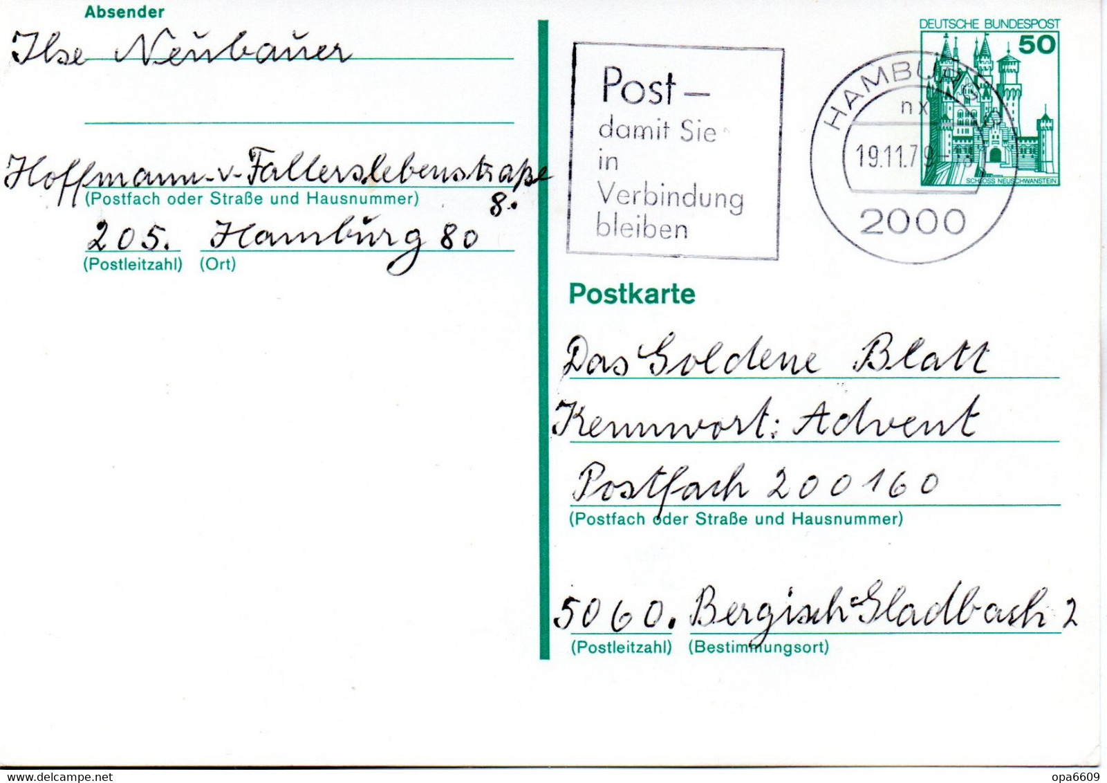 BRD Amtl. Ganzs.-Postk.P126 WSt. "Burgen Und Schlösser, Schloß Neuschwanstein" 50(Pf) Blaugrün, MWSt  19.11.79 HAMBURG - Postkarten - Gebraucht