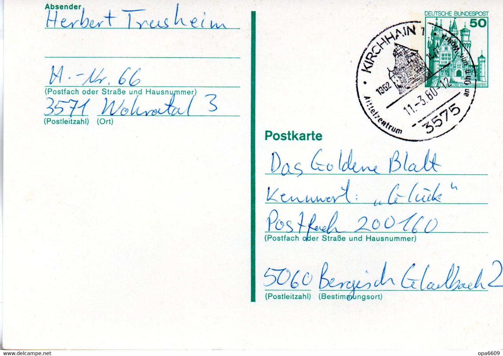 BRD Amtl. Ganzs.-Postk.P126 WSt. "Burgen Und Schlösser, Schloß Neuschwanstein" 50(Pf) Blaugrün, SSt  22.3.80 KIRCHHAIN - Postkarten - Gebraucht