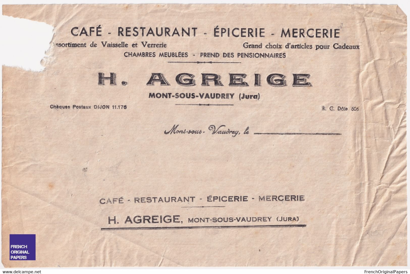 Café épicerie Mercerie H. Agreige / Mont Sous Vaudrey - Epreuve Imprimerie Baumoise Baume Les Dames 1940 Jura C6-23 - Collections