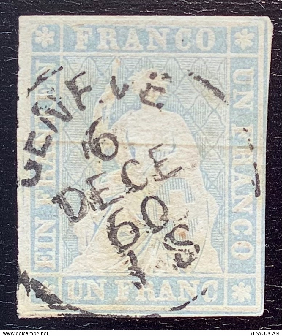 ATTEST MARCHAND: Zst 27D SUPERBE 1854-62 1Fr Strubel GENEVE  (Schweiz Suisse Switzerland Cert XF Used Certificat 31a, 31 - Gebruikt