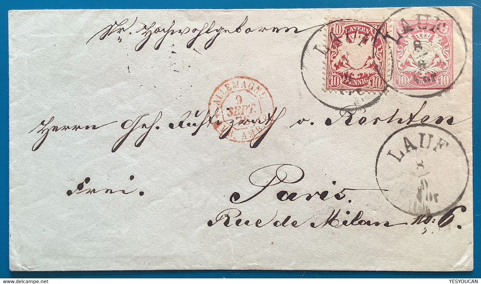 LAUF 1876 Ganzsache 10 Pf  U5yK2 +Mi39 SELTEN>Paris France (Bayern An Der Pegnitz Mittelfranken Postal Stationery Brief - Ganzsachen