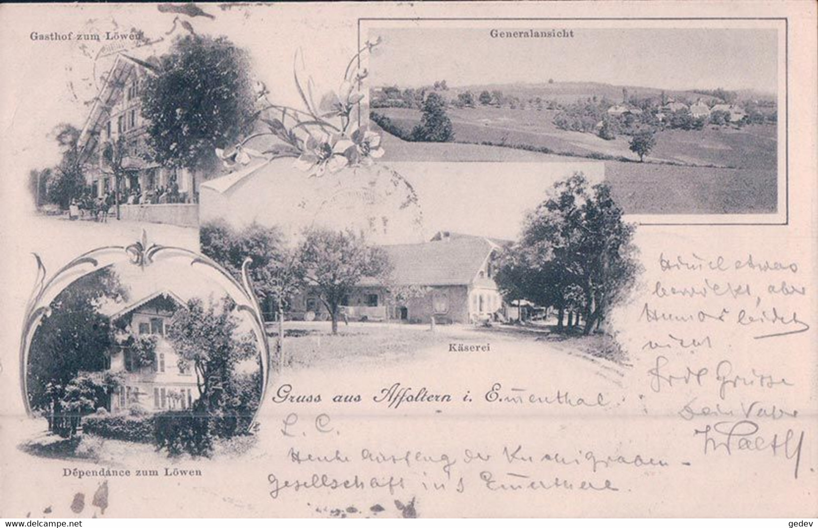 Gruss Aus Affoltern I. Emmenthal BE, Käserei Und Gasthof Löwen, 4 Vues (17.4.1902) - Affoltern Im Emmental 