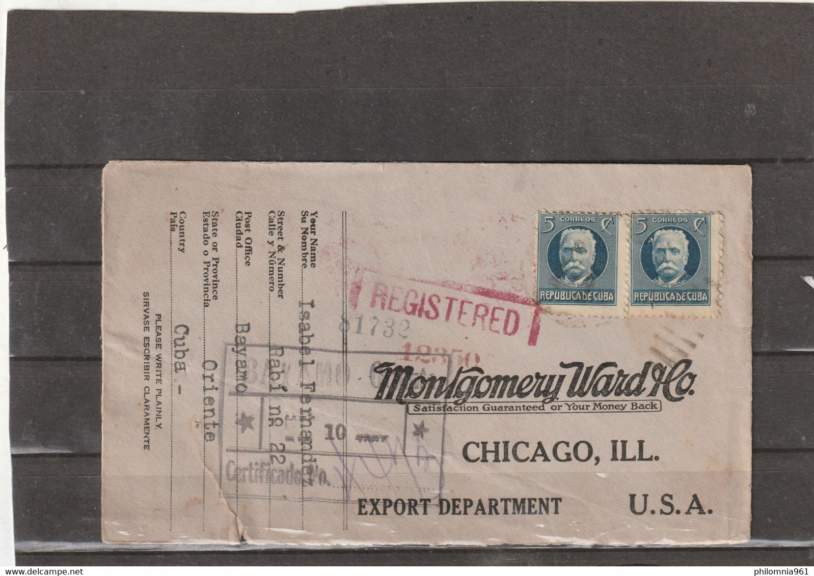 Cuba To USA MONTGOMERY WARD REGISTERED COVER 1924 - Covers & Documents