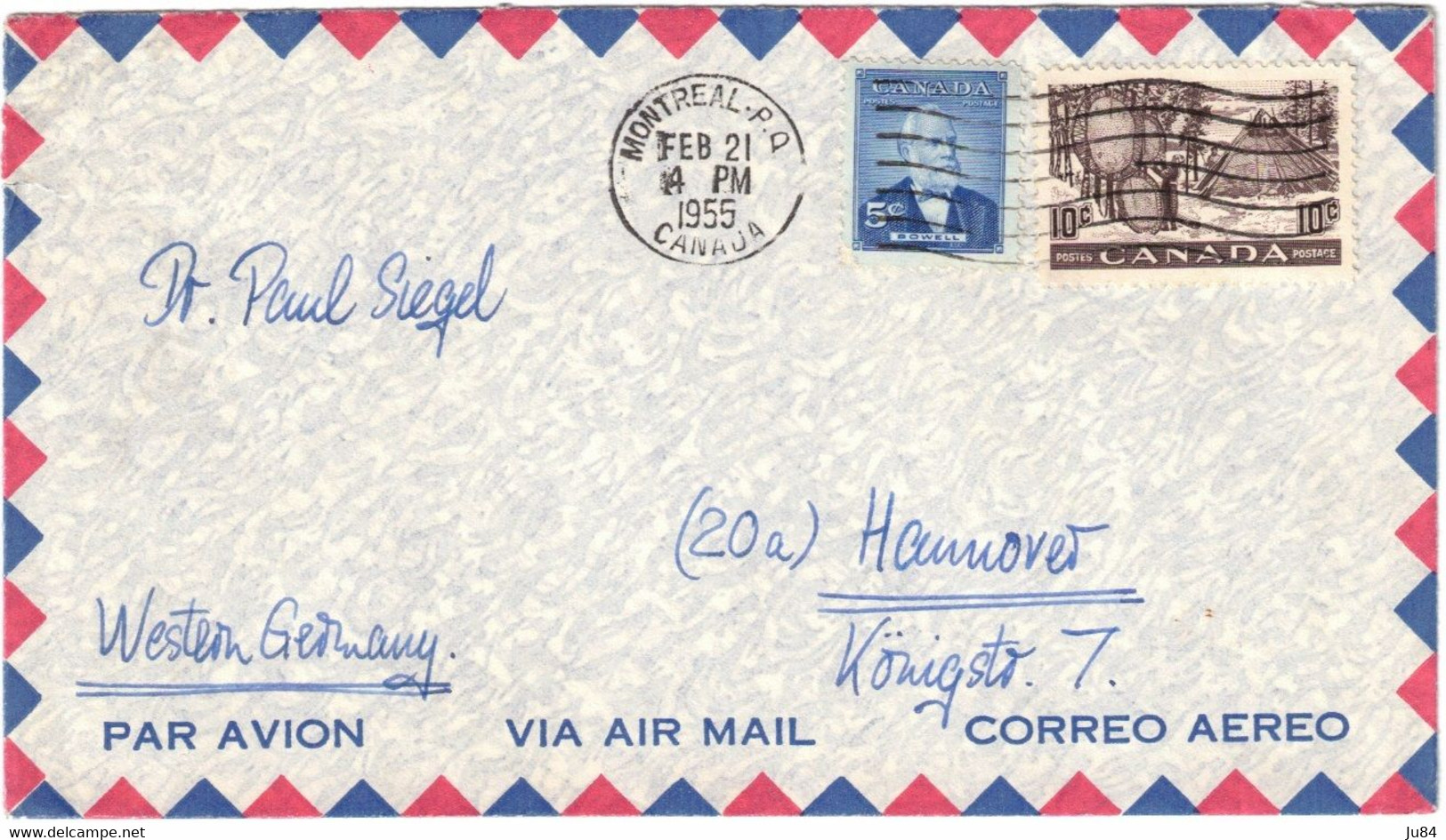 Canada - Québec - Montréal - Lettre Avion Pour Hannover (Allemagne) - 21 Février 1955 - Cartas & Documentos