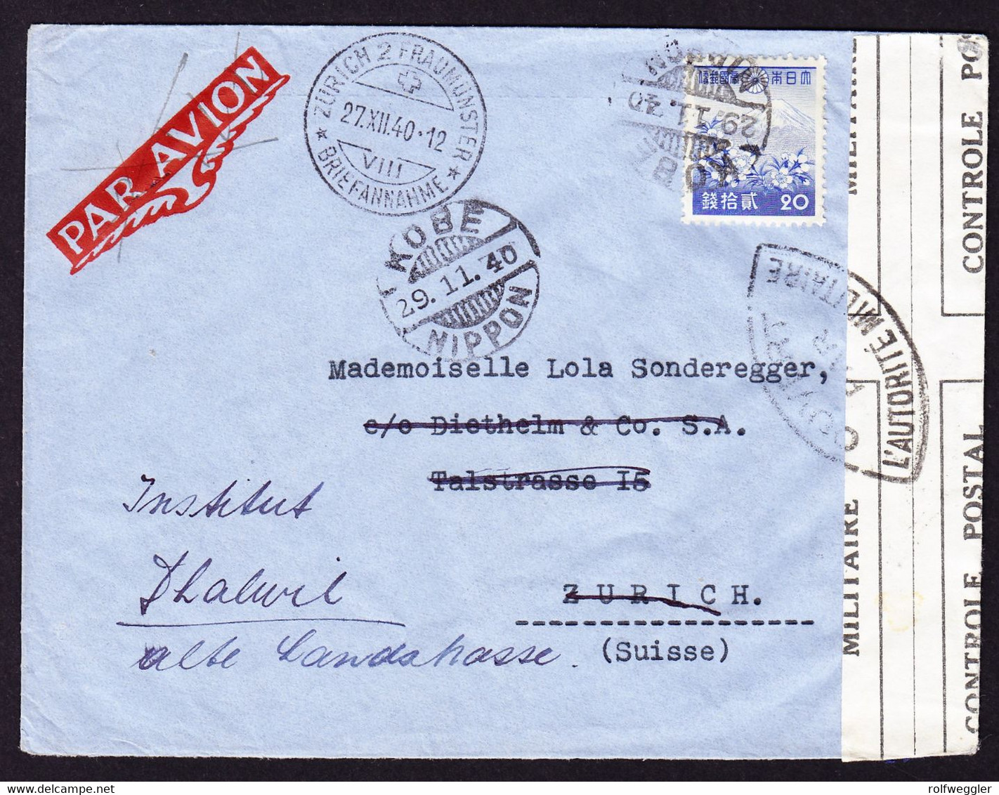 1940 Zensurierter Flugbrief Aus Kobe Nach Zürich, Umadressiert Nach Thalwil. - Storia Postale