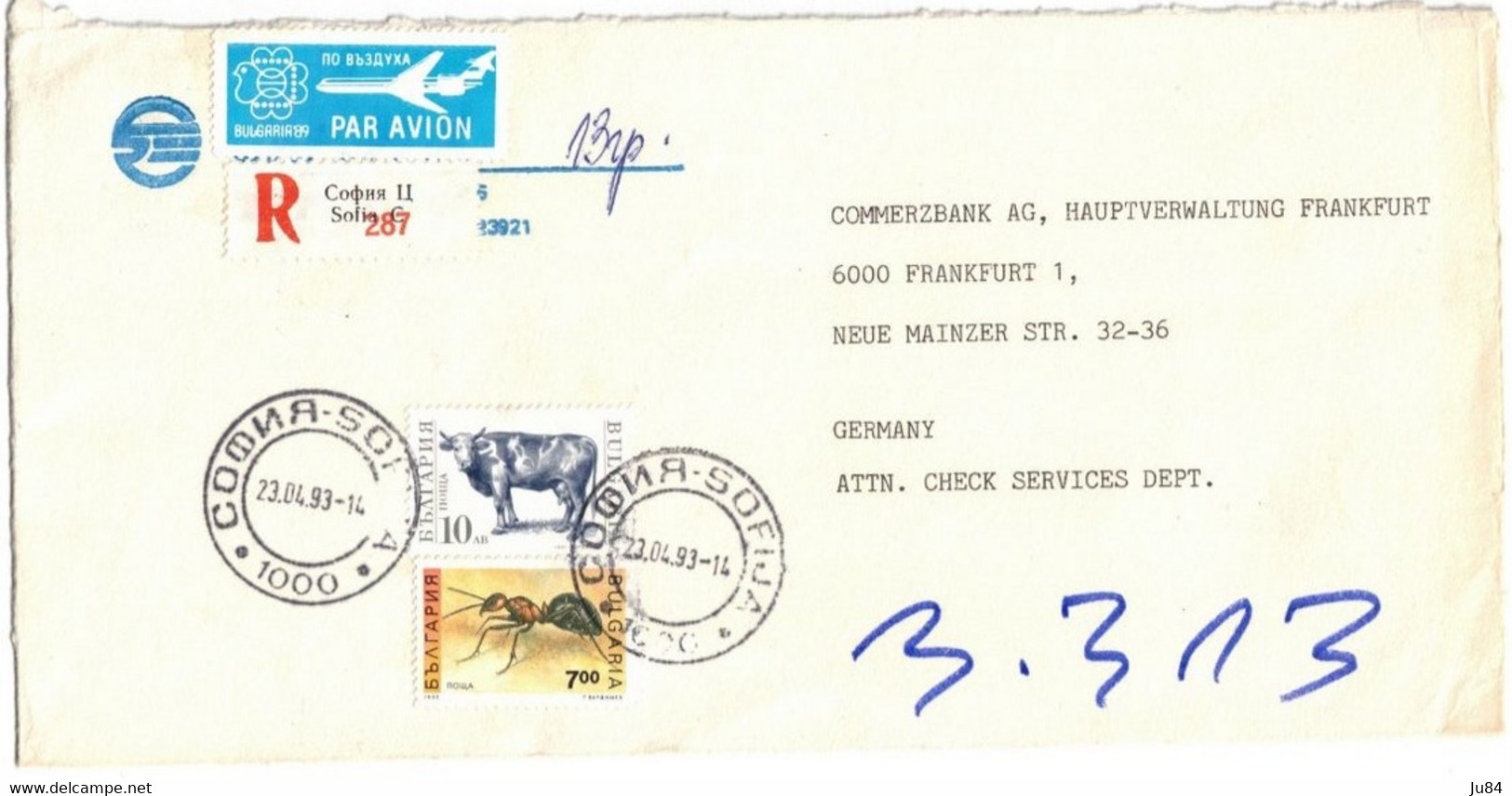 Bulgarie - Sofia - Lettre Avion Recommandée Pour Frankfurt (Allemagne) - 23 Avril 1993 - Storia Postale