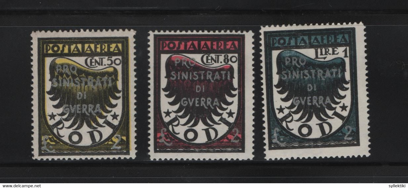 GREECE DODECANESE 1944 'PRO SINISTRATI DI GUERRA' OVPT 50,80 C, 1 L 3 MH STAMPS    HELLAS No 19,20,21 AND VALUE EURO 40. - Dodekanesos