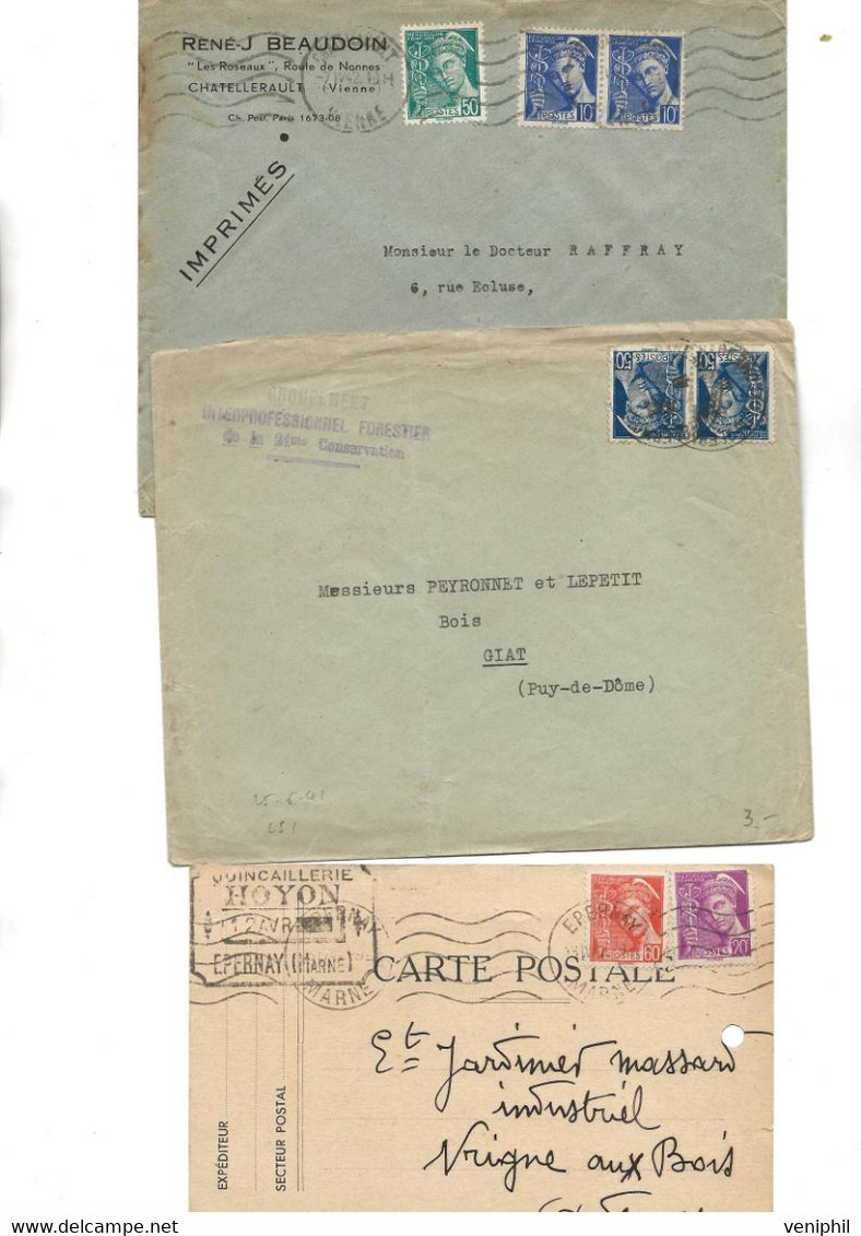 LOT DE 10 LETTRES "TOUTES AFFRANCHIES COMPOSITION TYPE MERCURE - CAD DIVERS ANNEES 1939  -45 - 1938-42 Mercurio