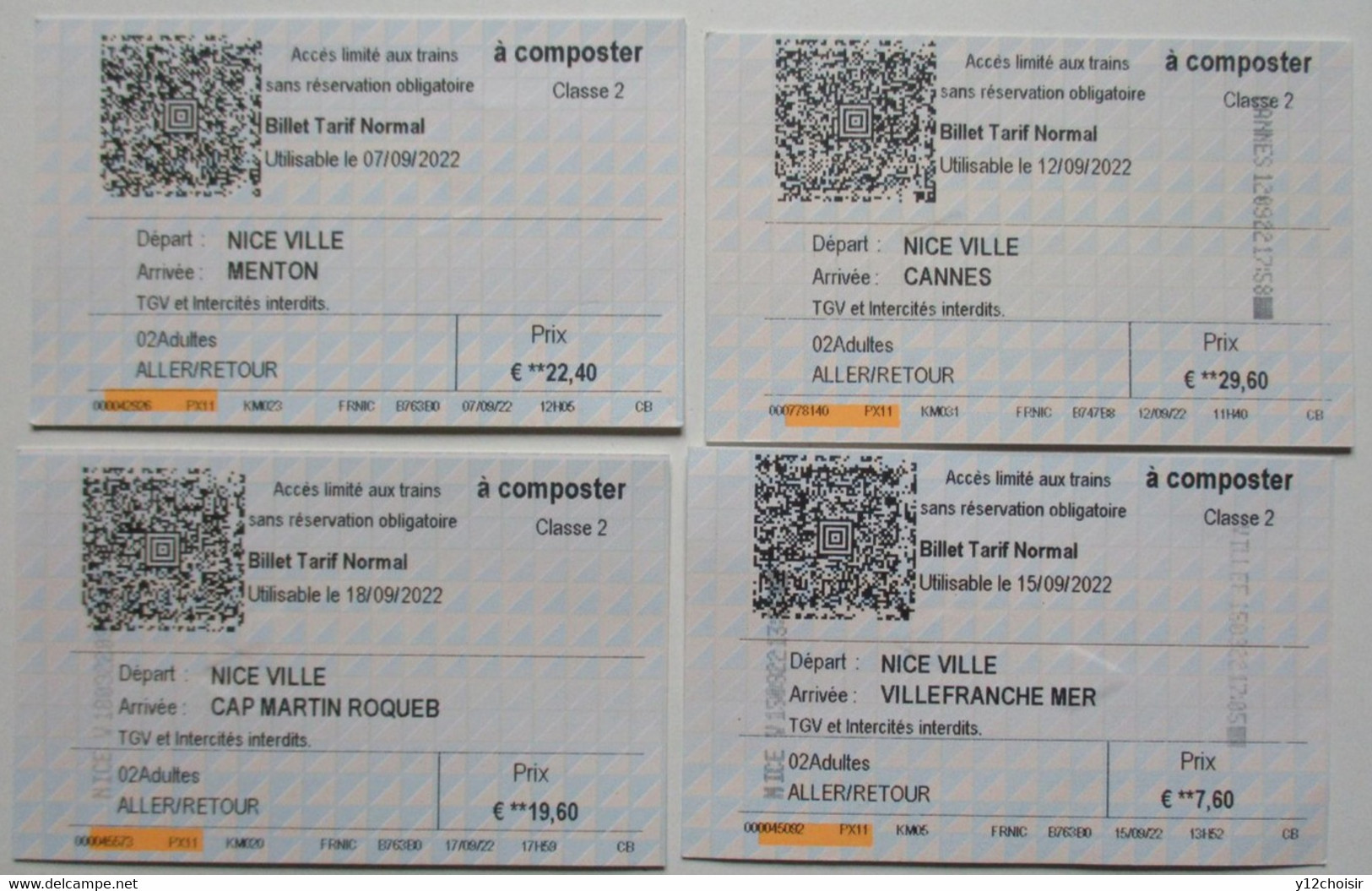 4 QUATRE BILLETS TICKETS UN JOUR SNCF CAP MARTIN ROQUEBRUNE MENTON VILLEFRANCHE SUR MER CANNES - Europe