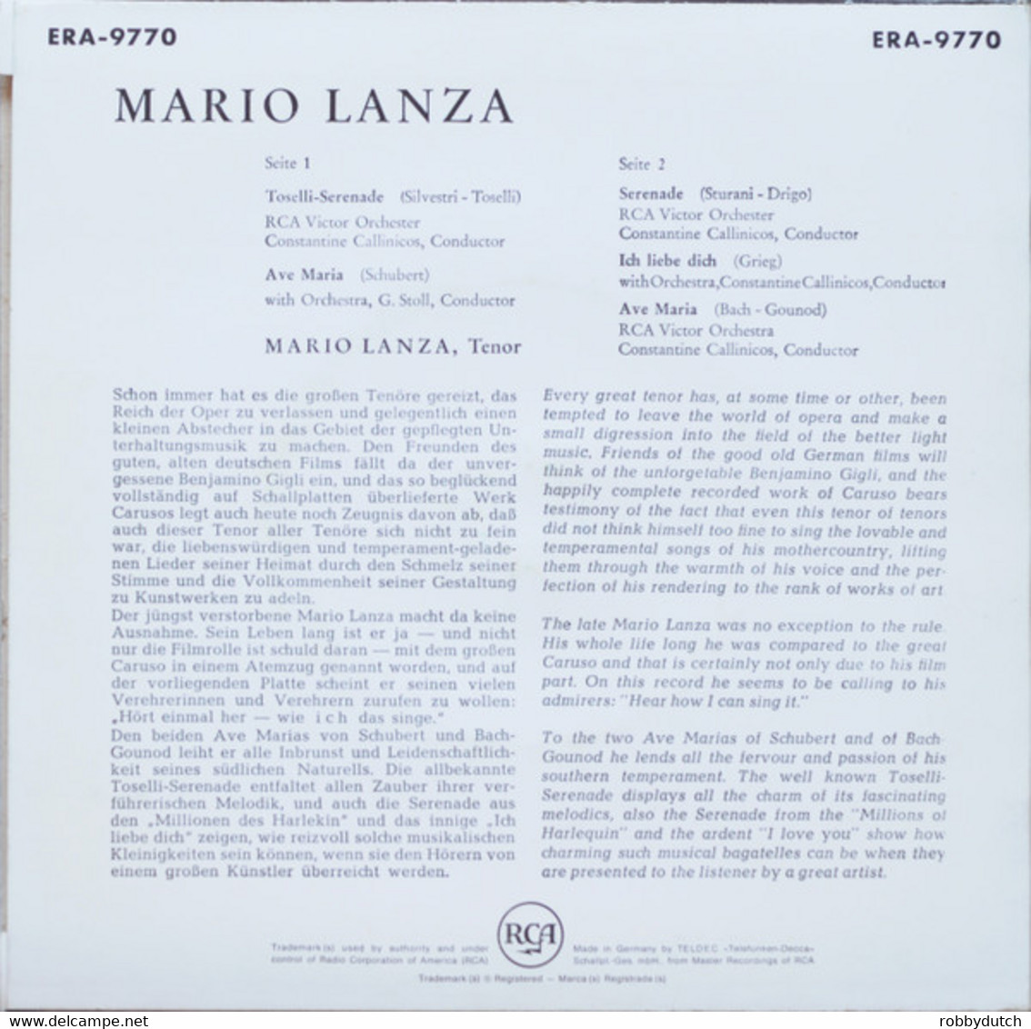 * 7" EP *  MARIO LANZA (Germany 1959 EX-) - Oper & Operette