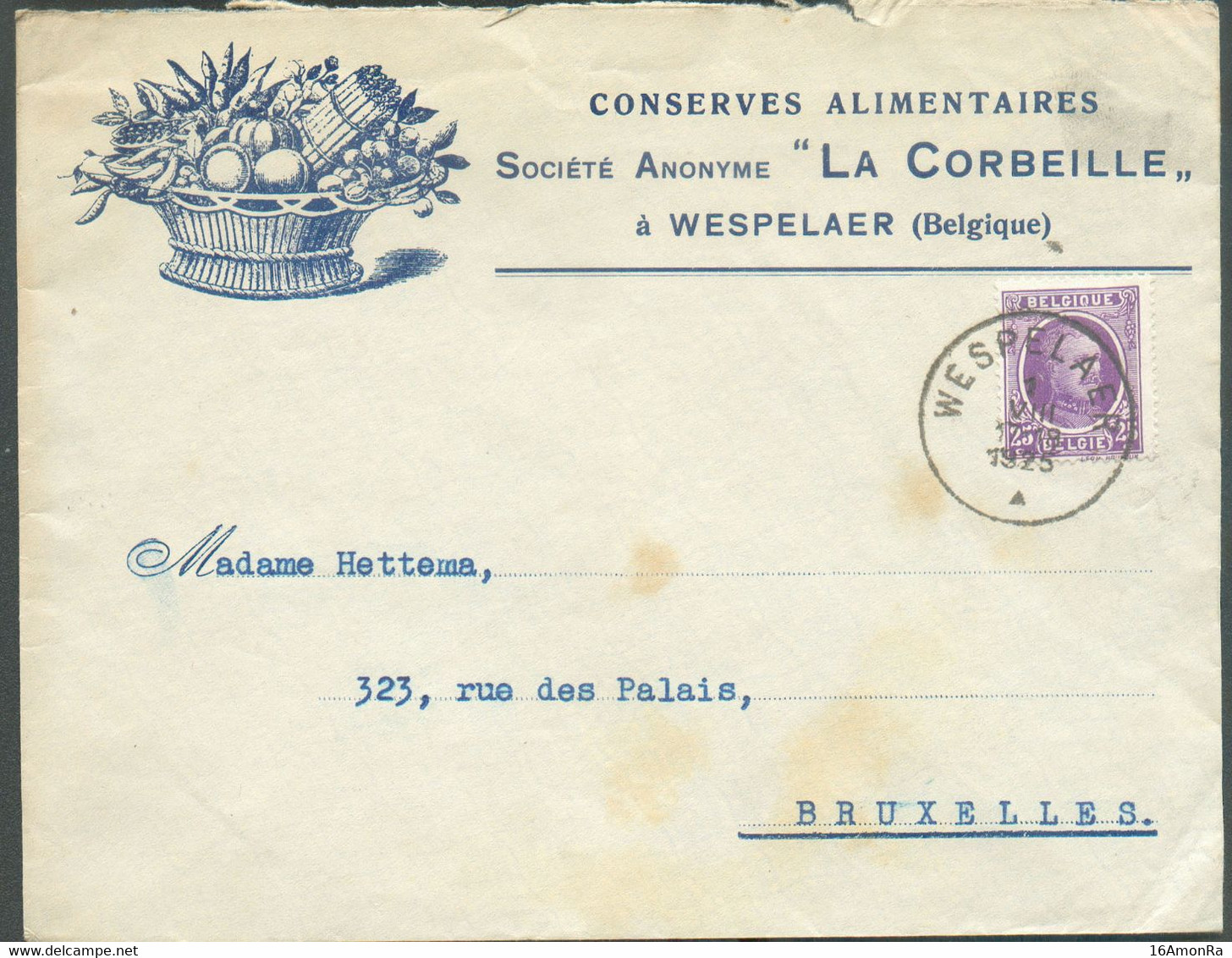 BELGIUM - FRUITS N°198 - Houyoux 25c. Obl. Sc WESPELAER sur Lettre Ill. CONSERVES ALIMENTAIRES LA CORBEILLE Du 1-VIII-19 - Alimentation