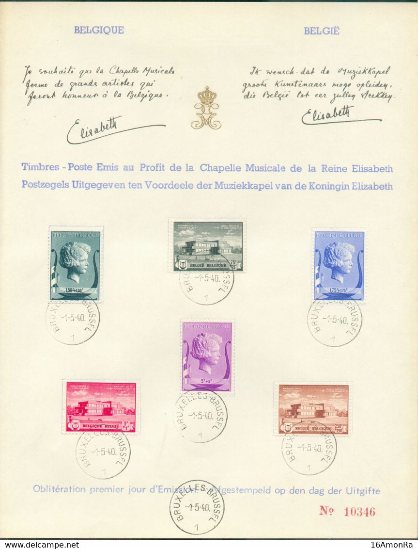 N°532/537 - Série CHAPELLE MUSICALE REINE ELISABETH Sur Feuillet 1 Jour Avec Signature De La Reine 1-5-1940, Numéroté 10 - Cartas & Documentos