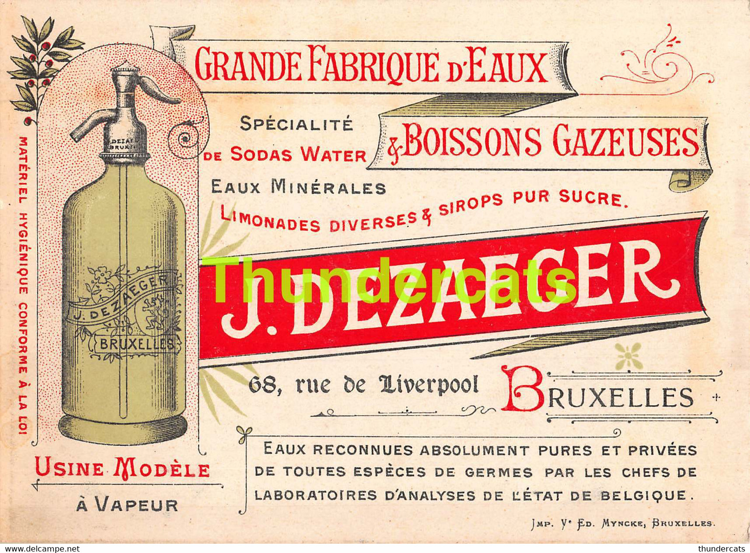 CARTE PUB PUBLICITE GRANDE FABRIQUE D'EAUX J DEZAEGER BRUXELLES MYNCKE 14,5 X 10,5 CM - Cafés, Hôtels, Restaurants